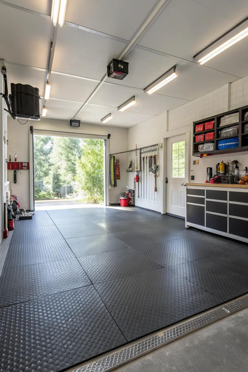 Rubber flooring offers comfort and resilience.