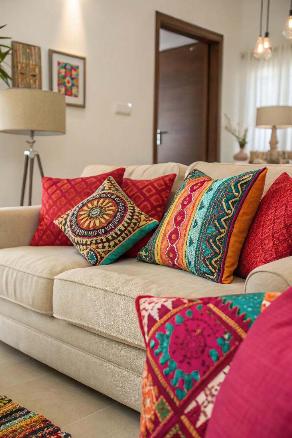 Audacious upholstery appends a surge of color and persona to this neutral living room.