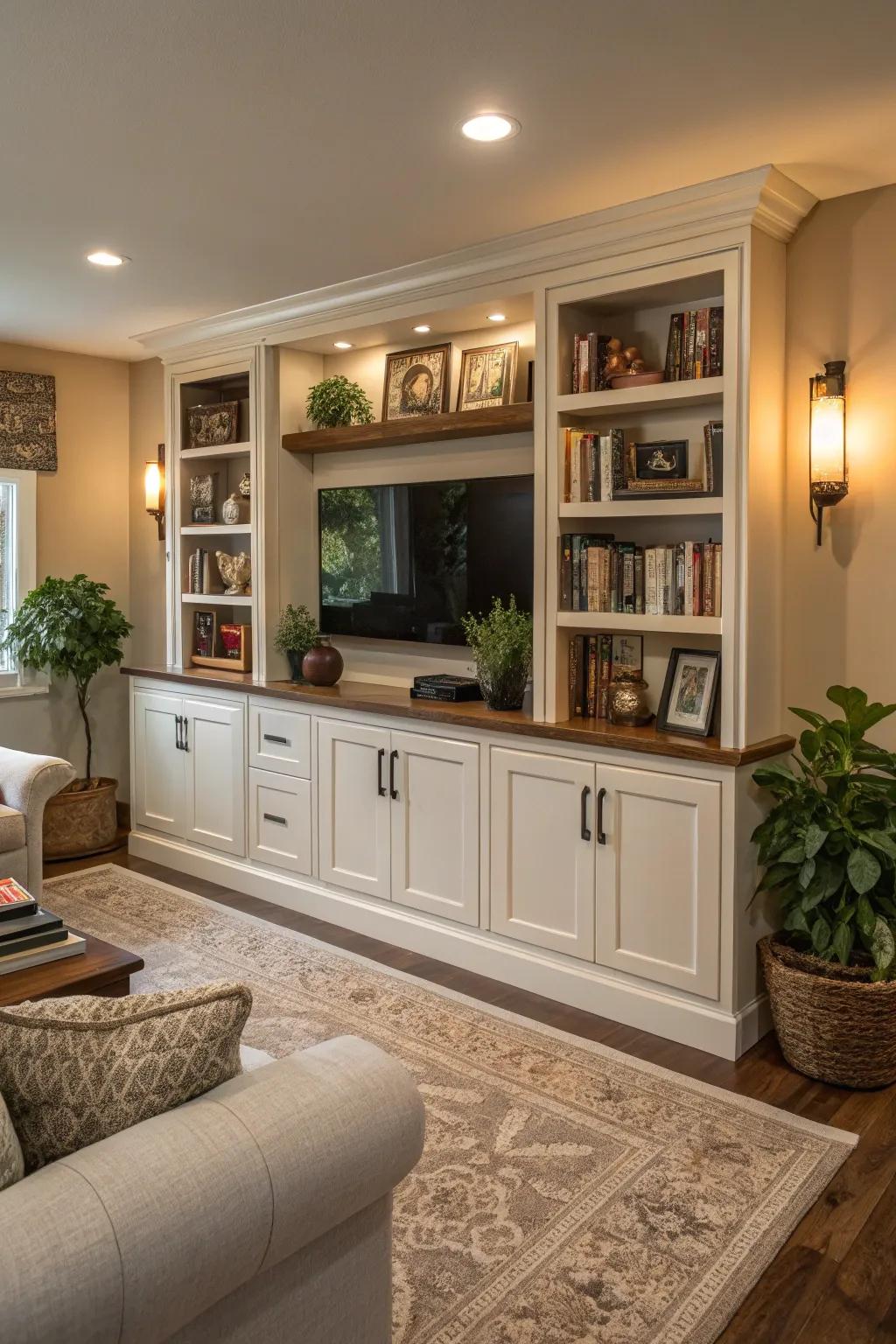 Smart storage solutions maintain an organized and stylish living room.