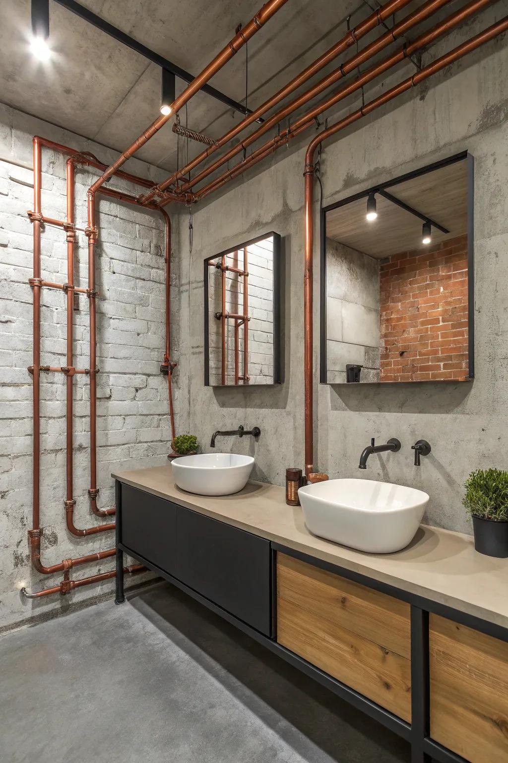 Uncovered metal plumbing imparts a factory edge to bathroom design.