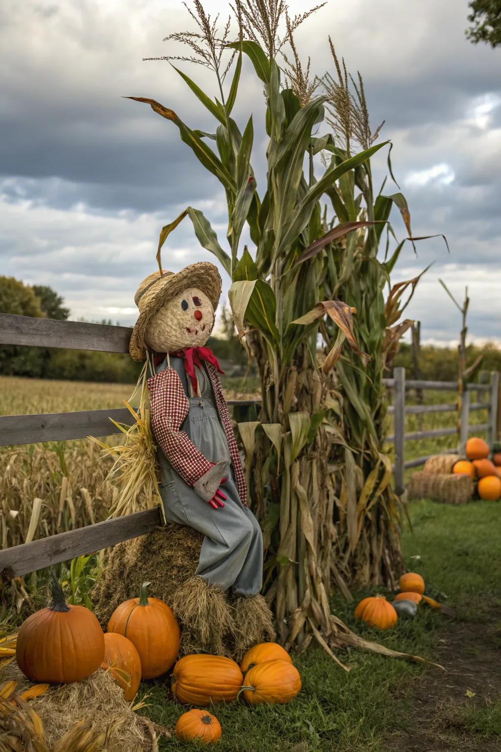 Introduce a hint of playfulness with a figure among corn stalks.