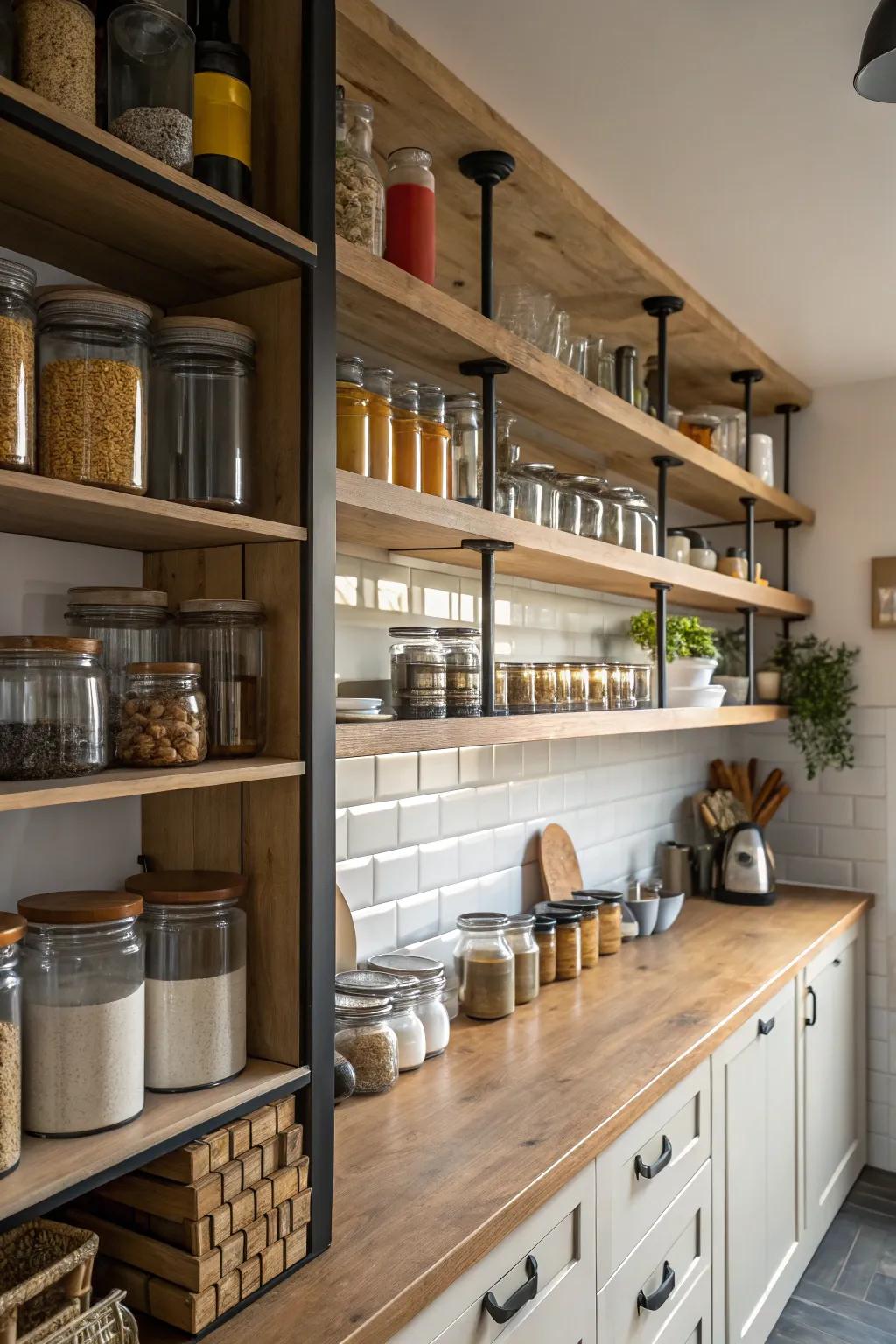 Floor-to-ceiling shelves fully utilize vertical corner space.
