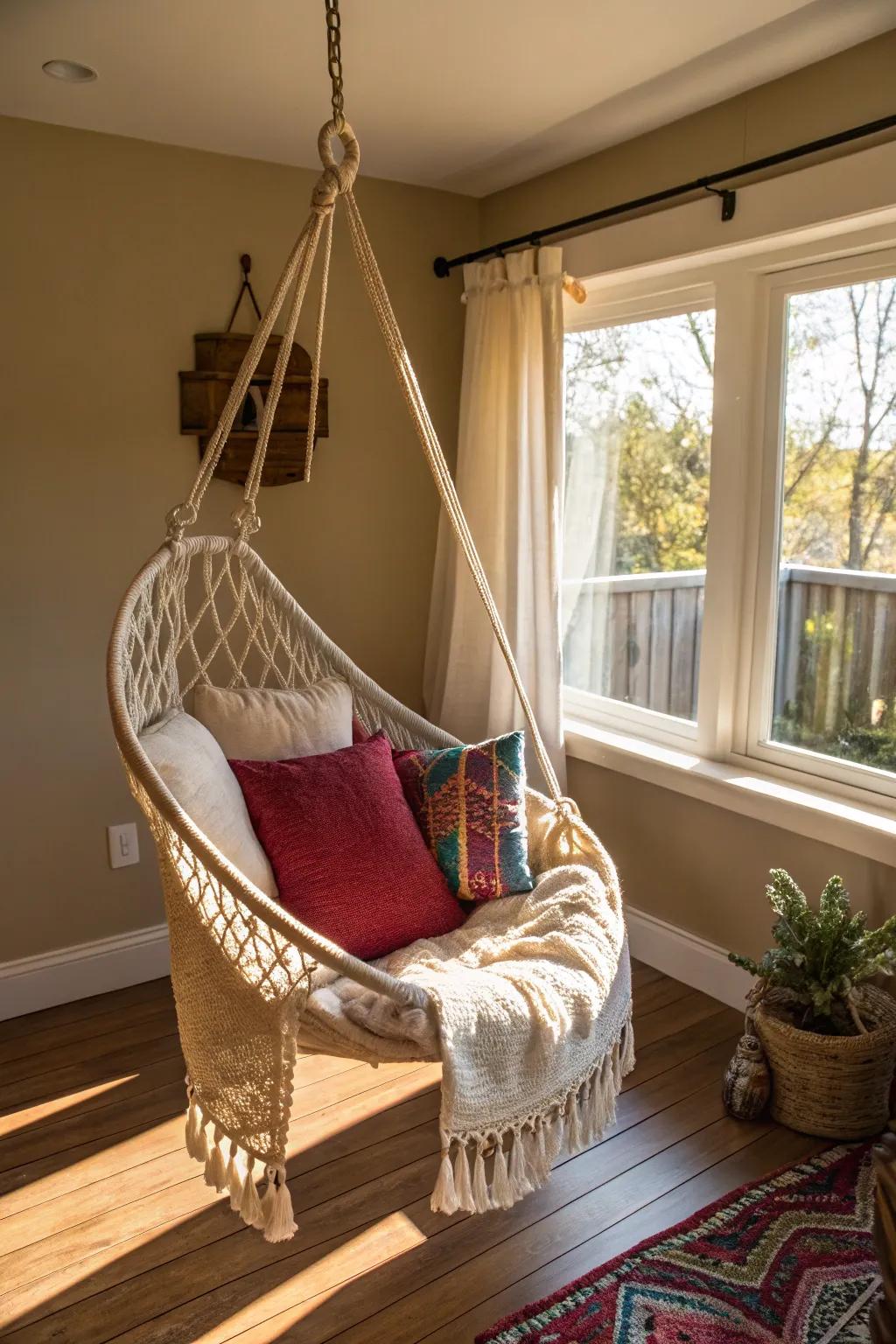 A hammock chair adds a playful and relaxing vibe to the corner.