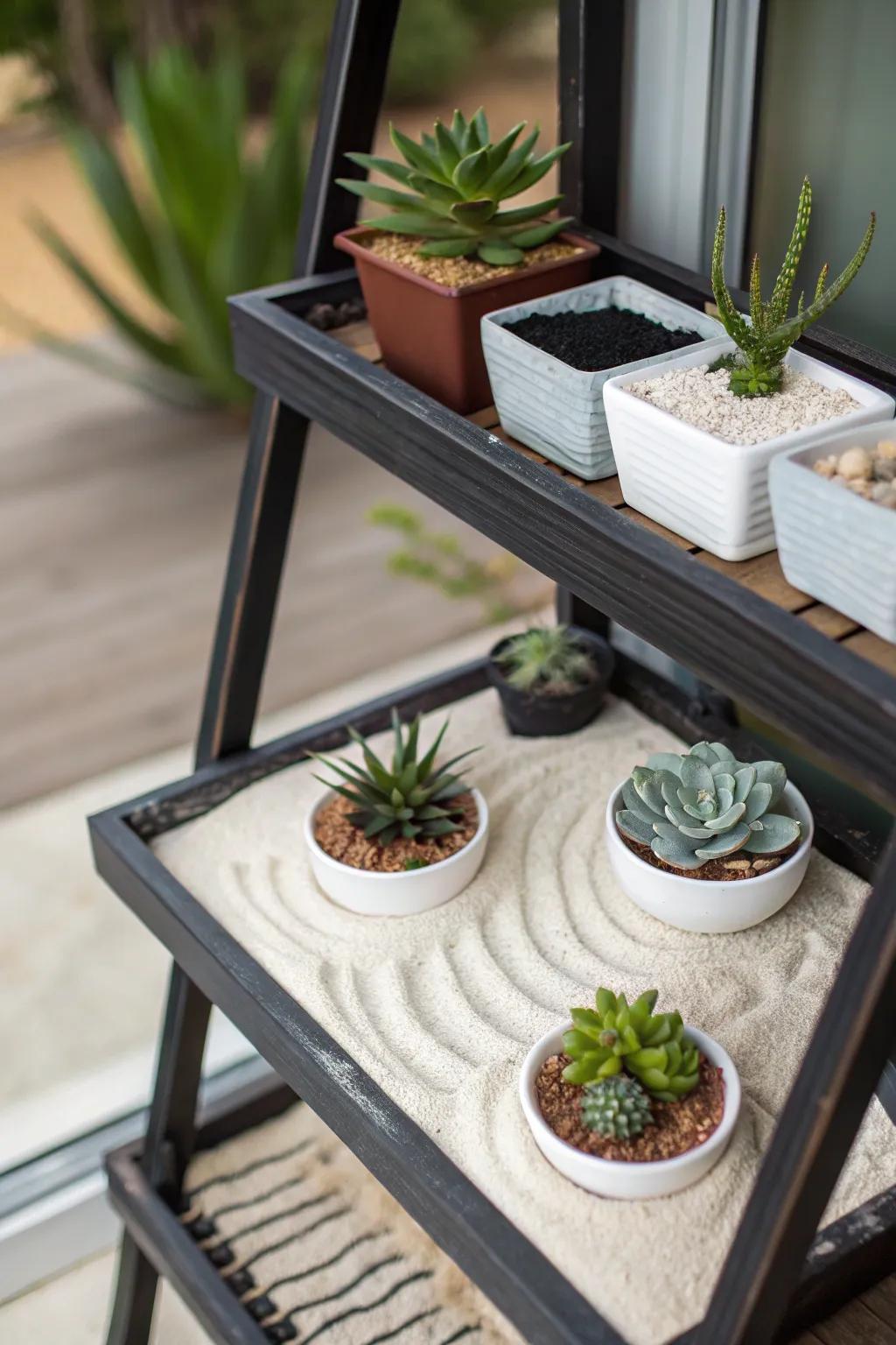 A corner shelf with a Mindful garden setup.