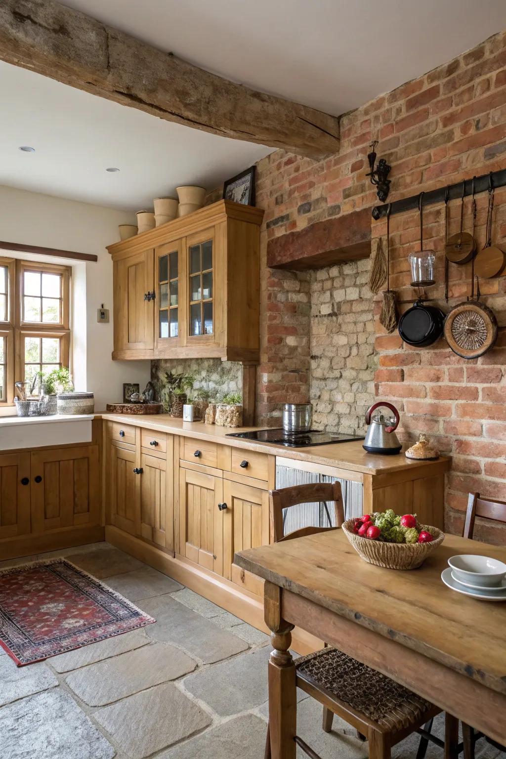 Uncovered brickwork injects a country focal element to this cooking space.