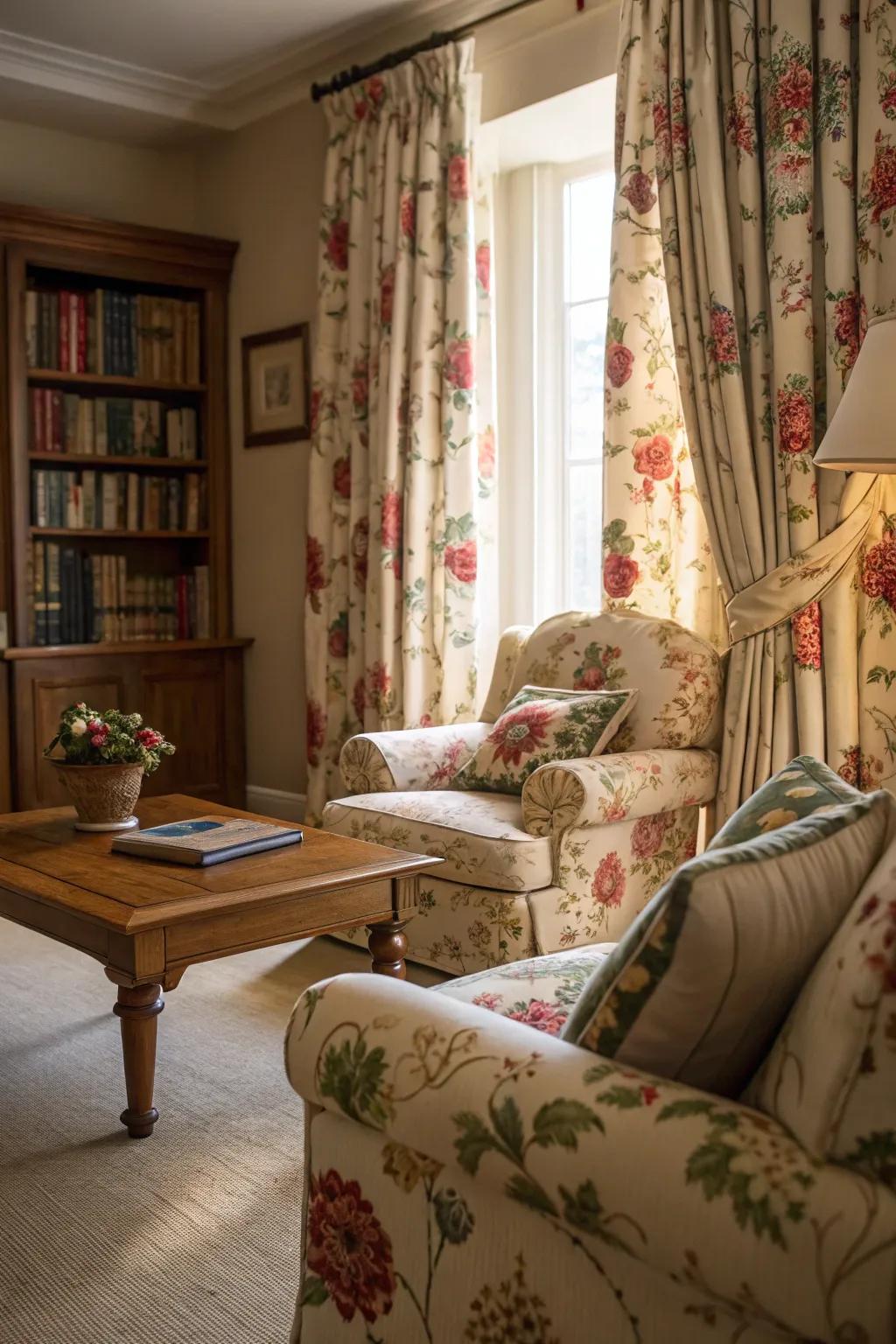 Floral designs introduce a refreshing and vibrant touch to the living room.