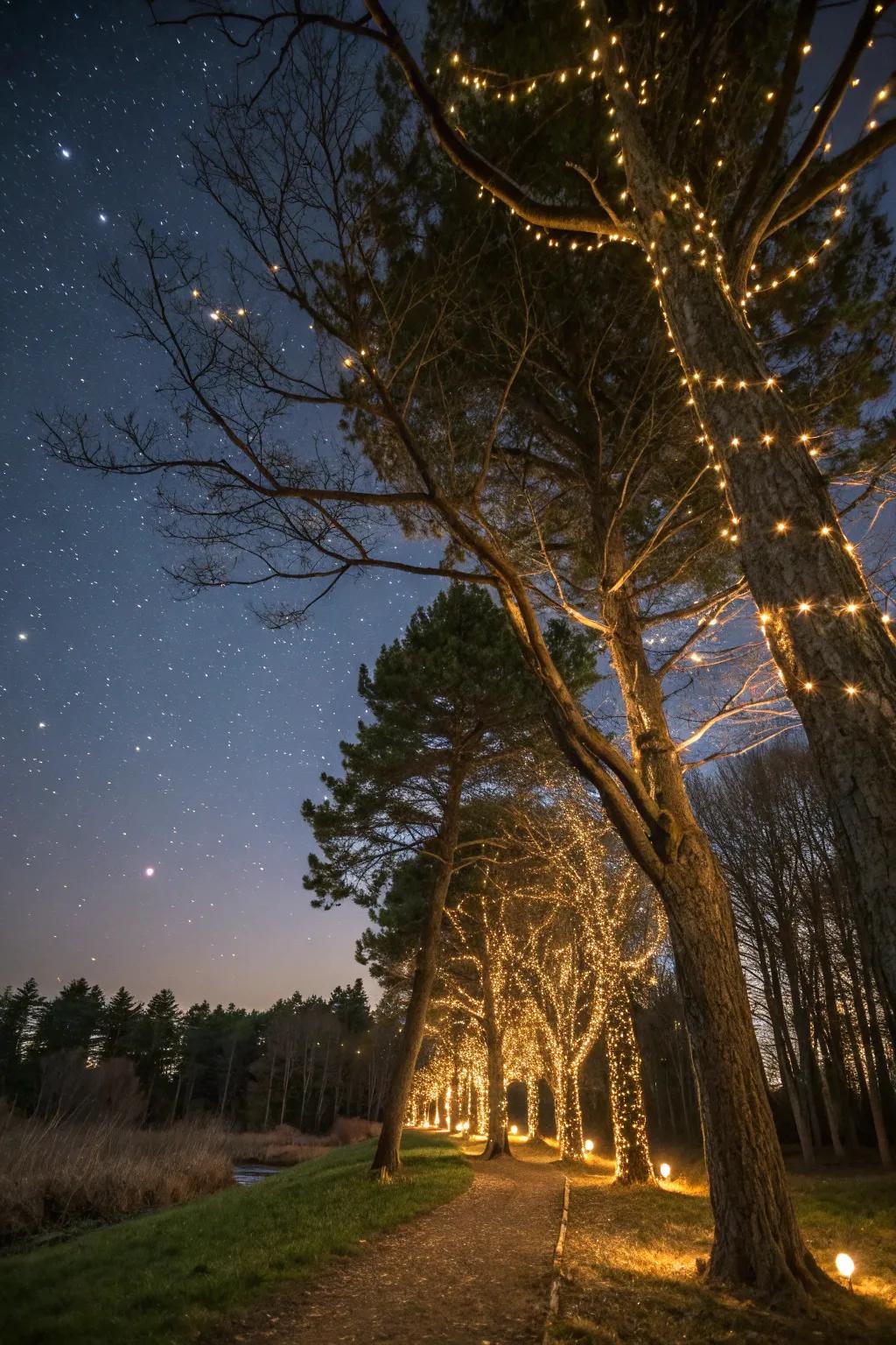 A dreamy firefly effect conjured by small LED lights in trees.
