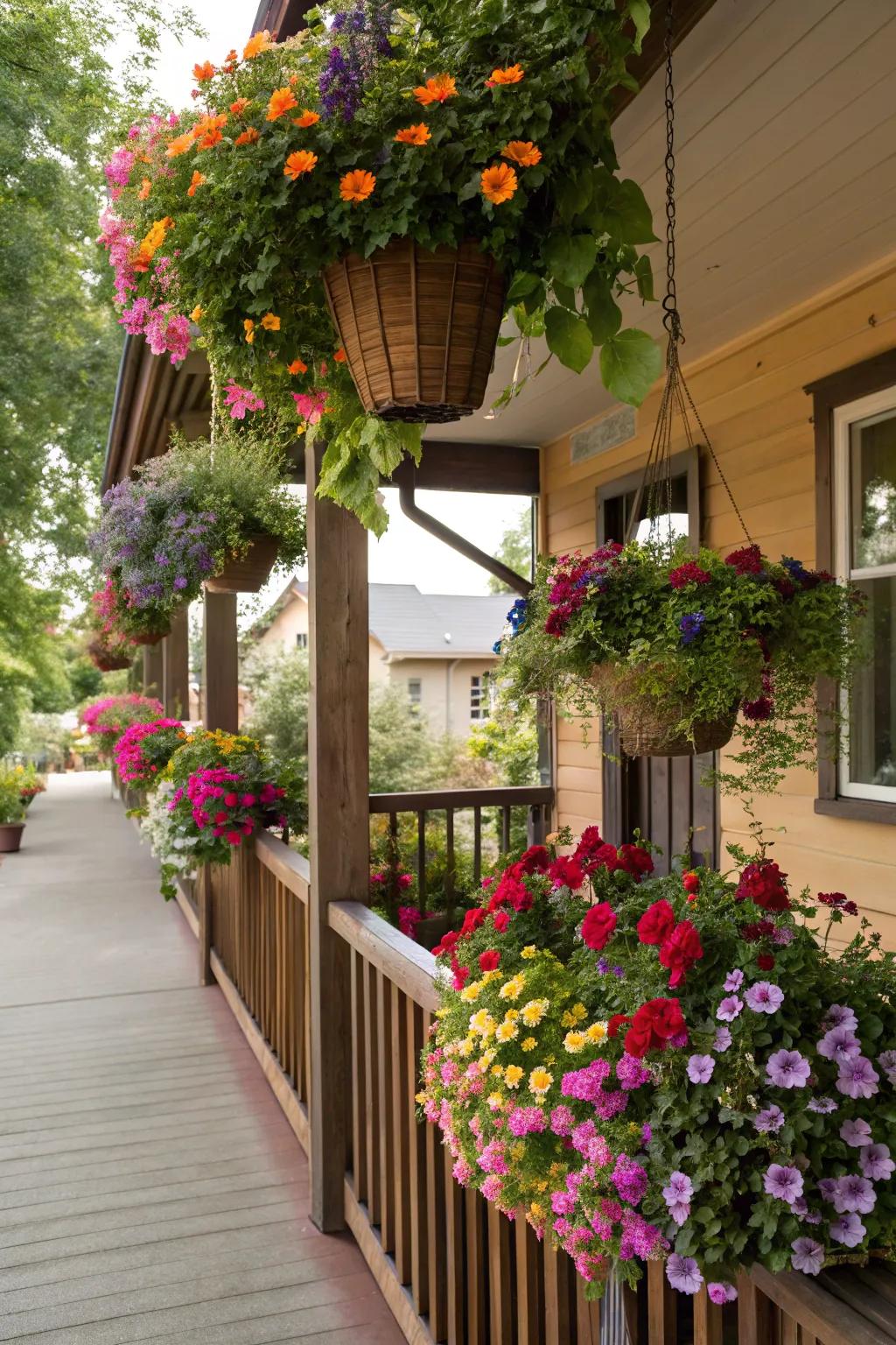 Suspended baskets inject lush vertical appeal to your porch.