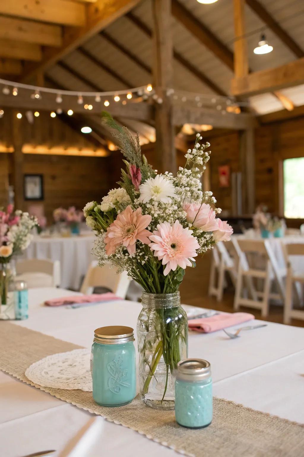 A rustic wedding platform showcasing stonemason vessel blossom table focuses.
