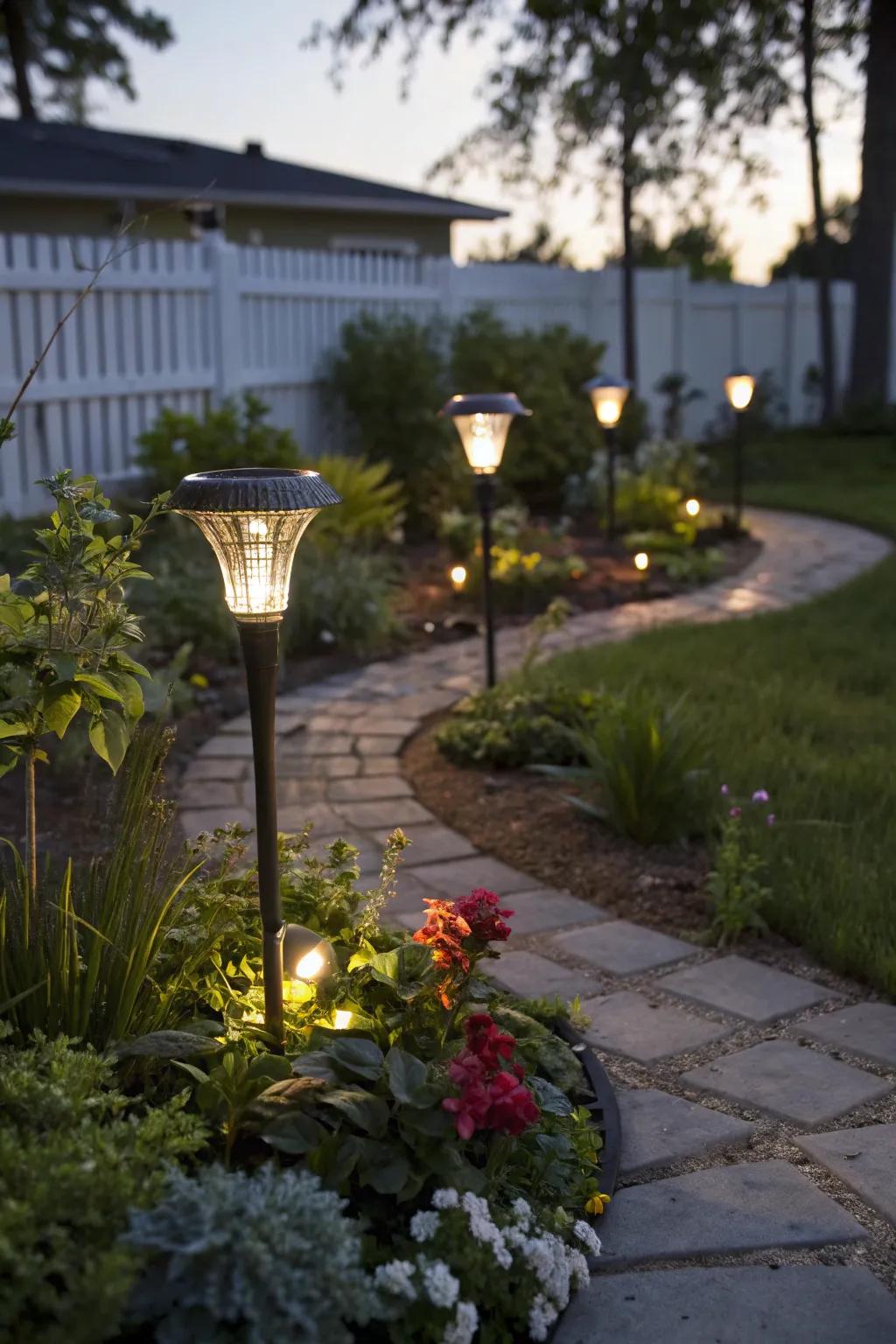 Sun-kissed garden posts illuminate the courtyard plants.