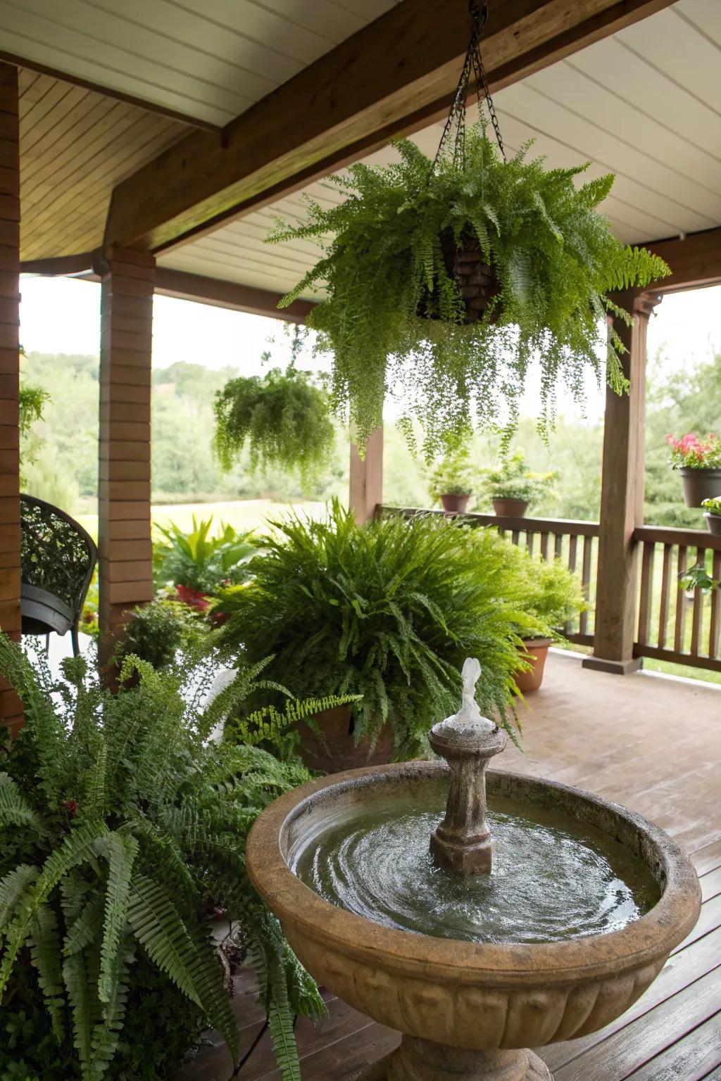 A water feature lends peace and elegance to the porch.