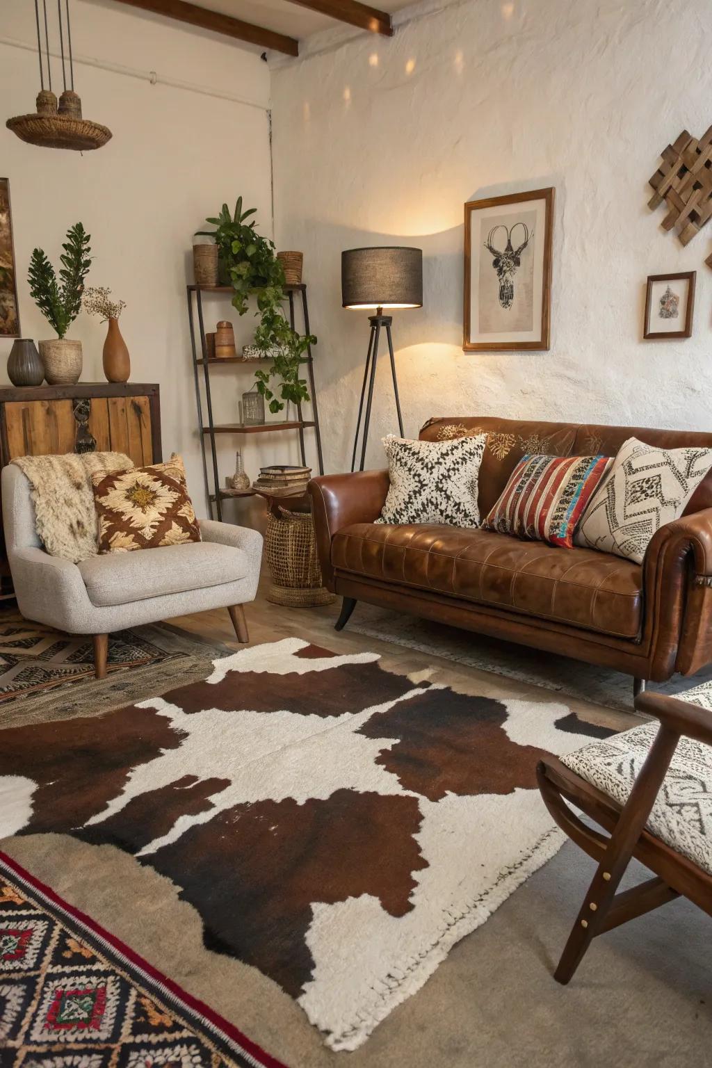 A room displaying mixed aesthetics with hide accents for a unique look.
