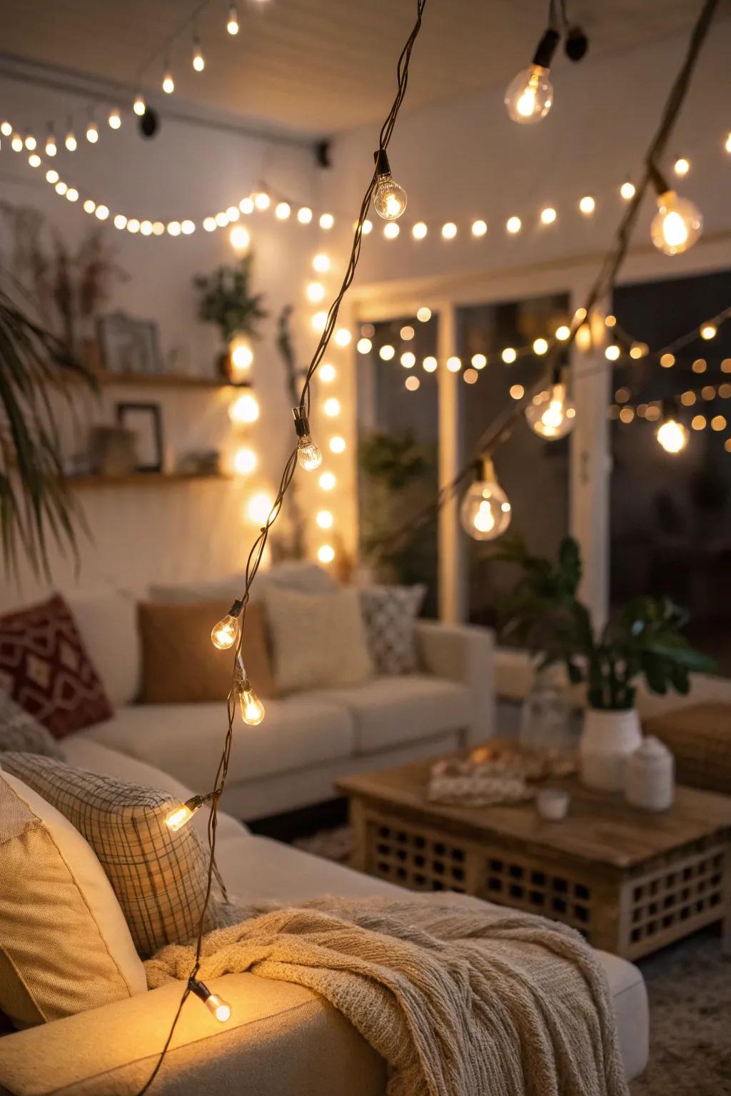 Fairy lights impart a whimsical accent and cozy glow.