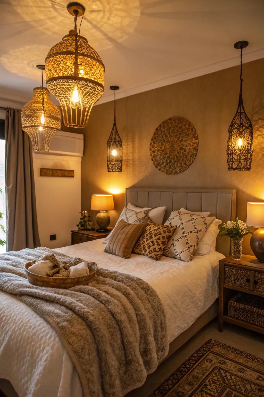 A bedroom lit by gilded bronze lighting for a cozy experience.