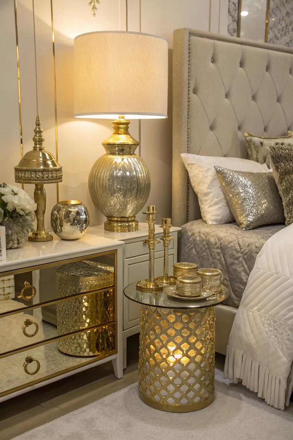 Merged metal accents contribute a rich and opulent element to the room.