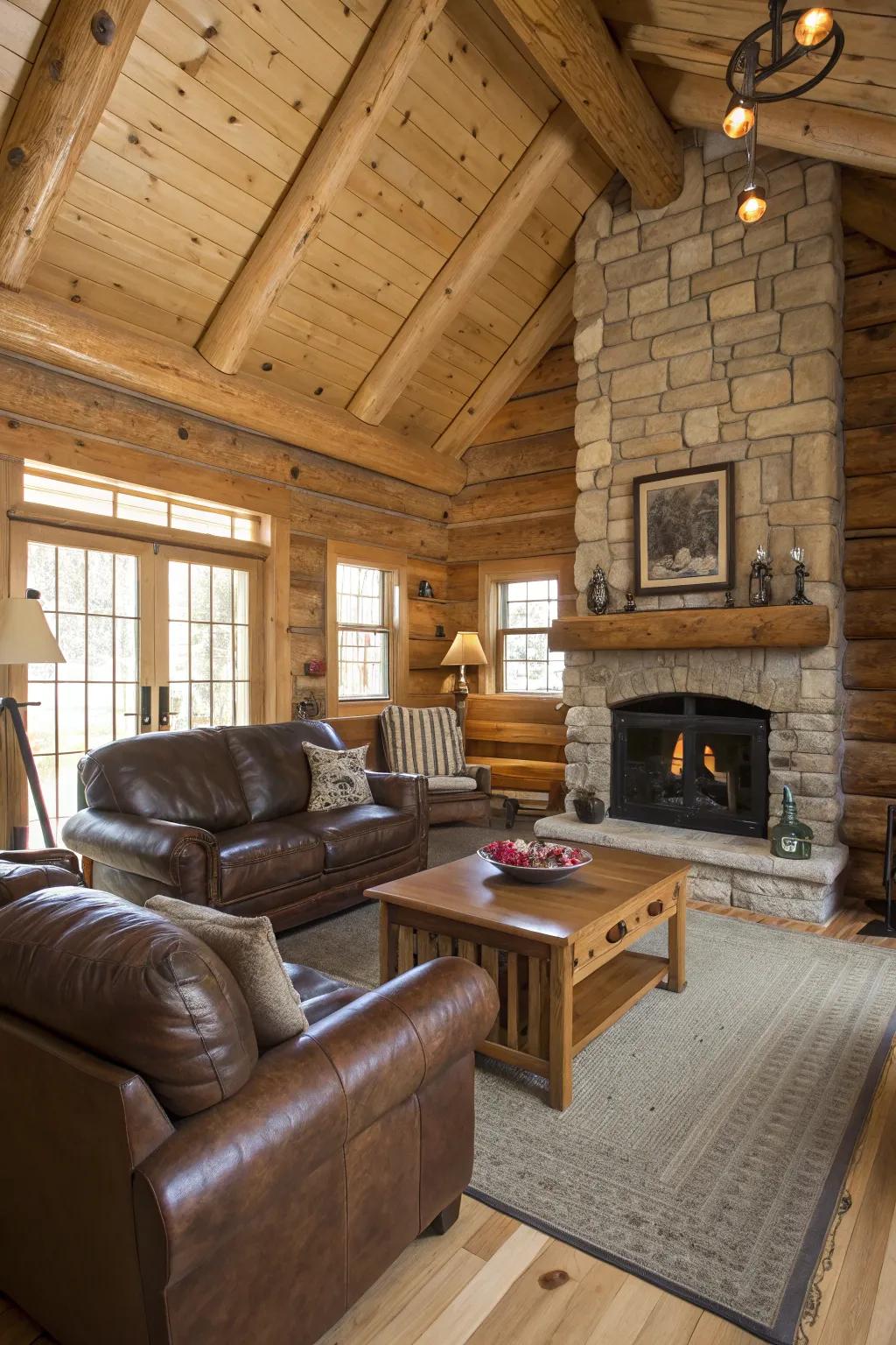 Leather furnishings add sophistication and comfort to the log cabin.