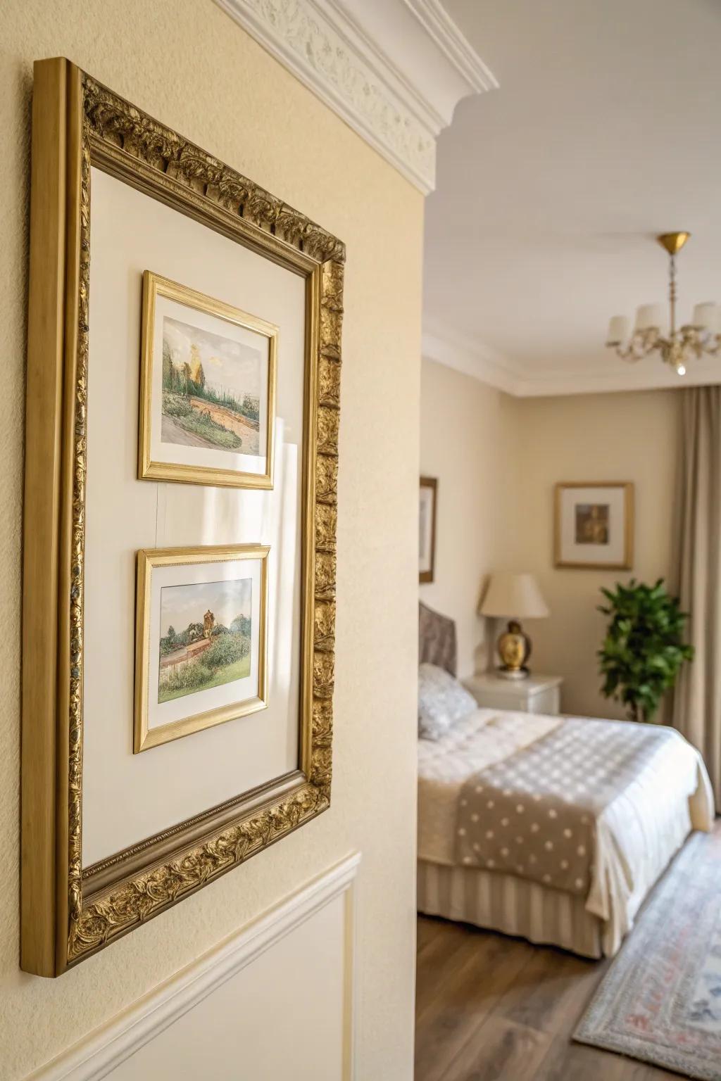 Art with gilded frames enhances character and enriches the cream backdrop.