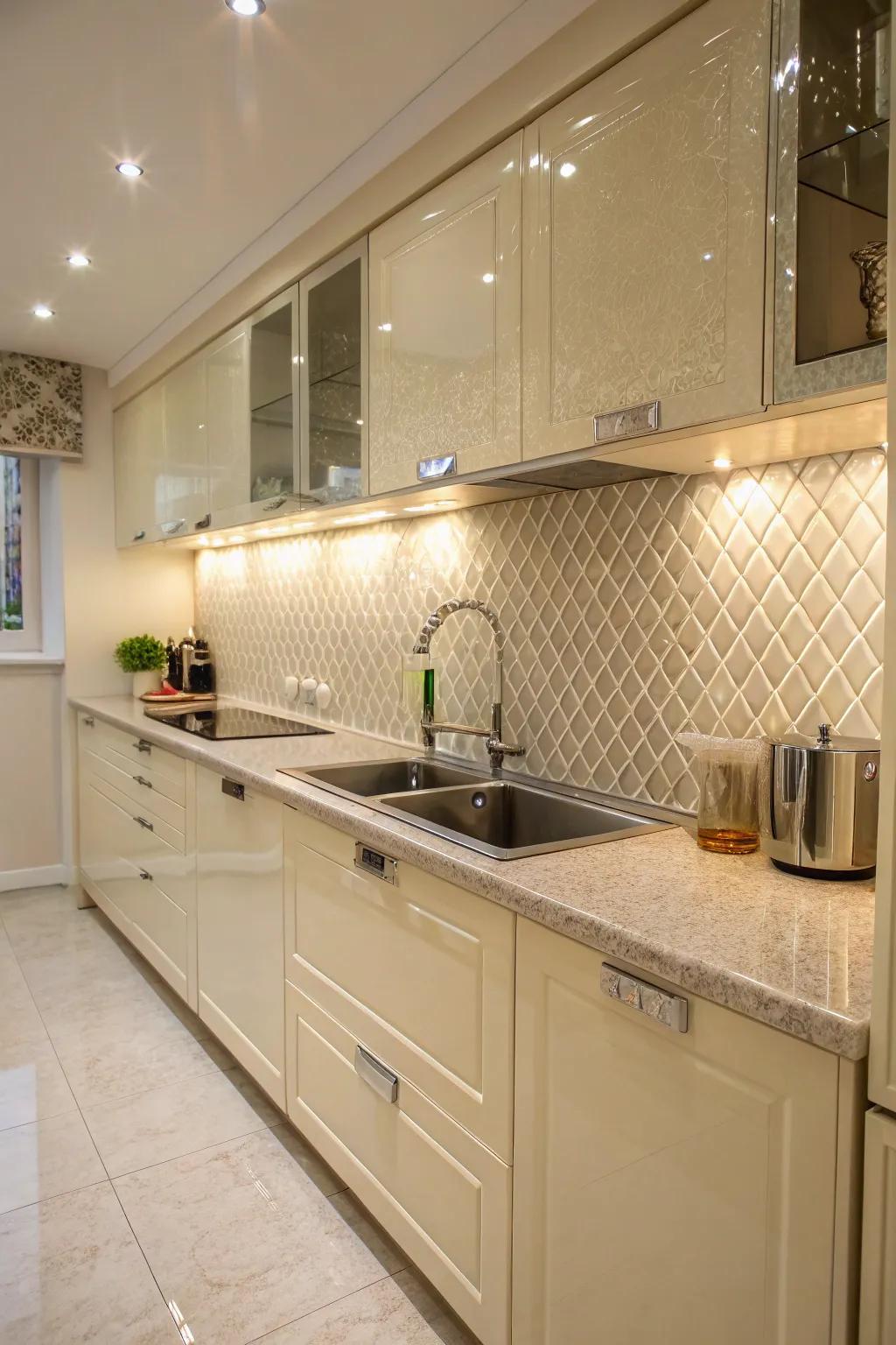 Textured tiles that add depth and interest to a cream gloss kitchen.