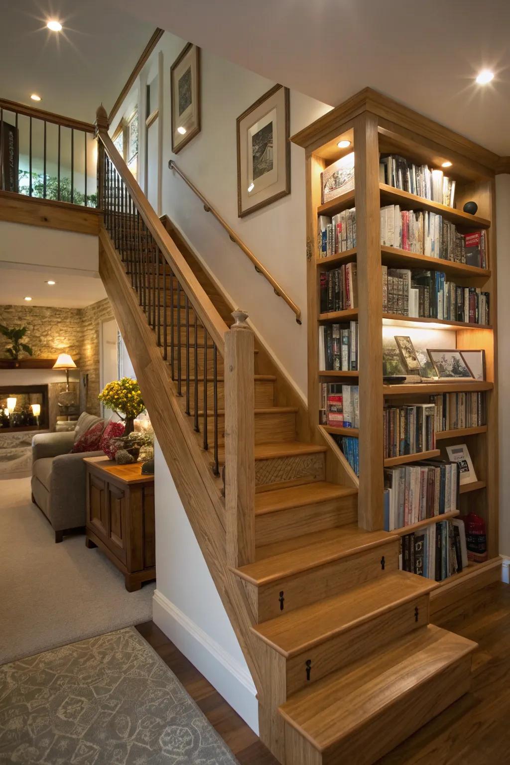 A stairwell library smartly utilizes otherwise wasted space.