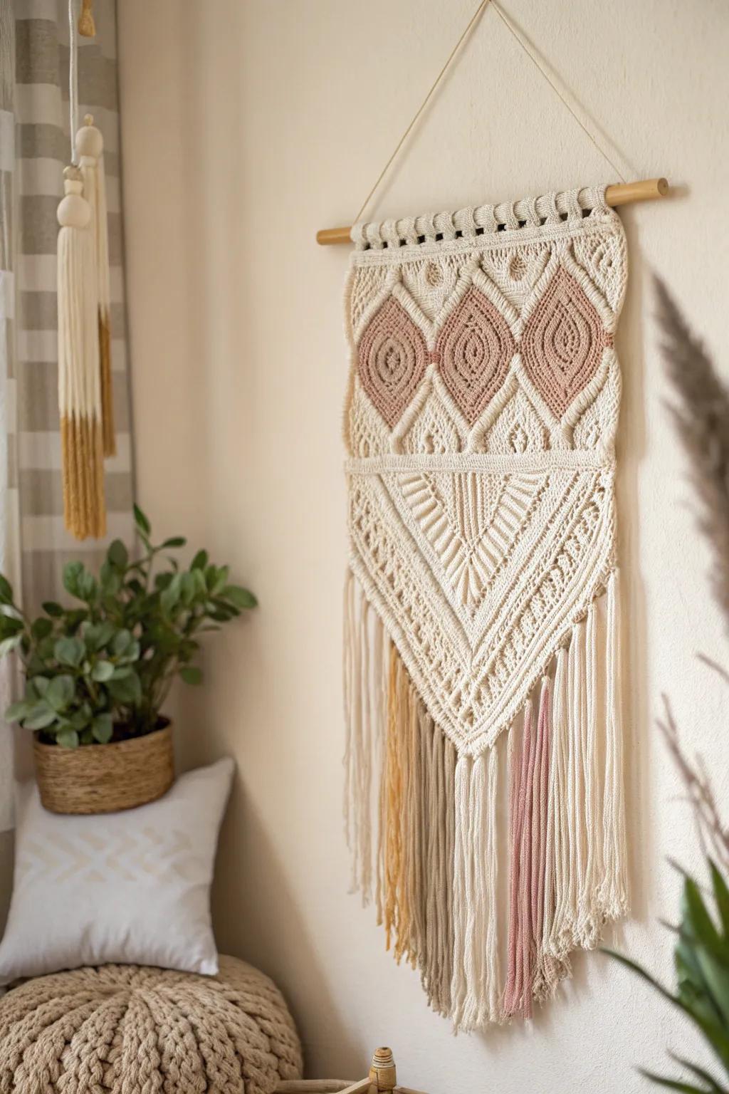 Enhance your space with the elegance of a handmade crochet wall hanging, where minimalist design meets boho charm.