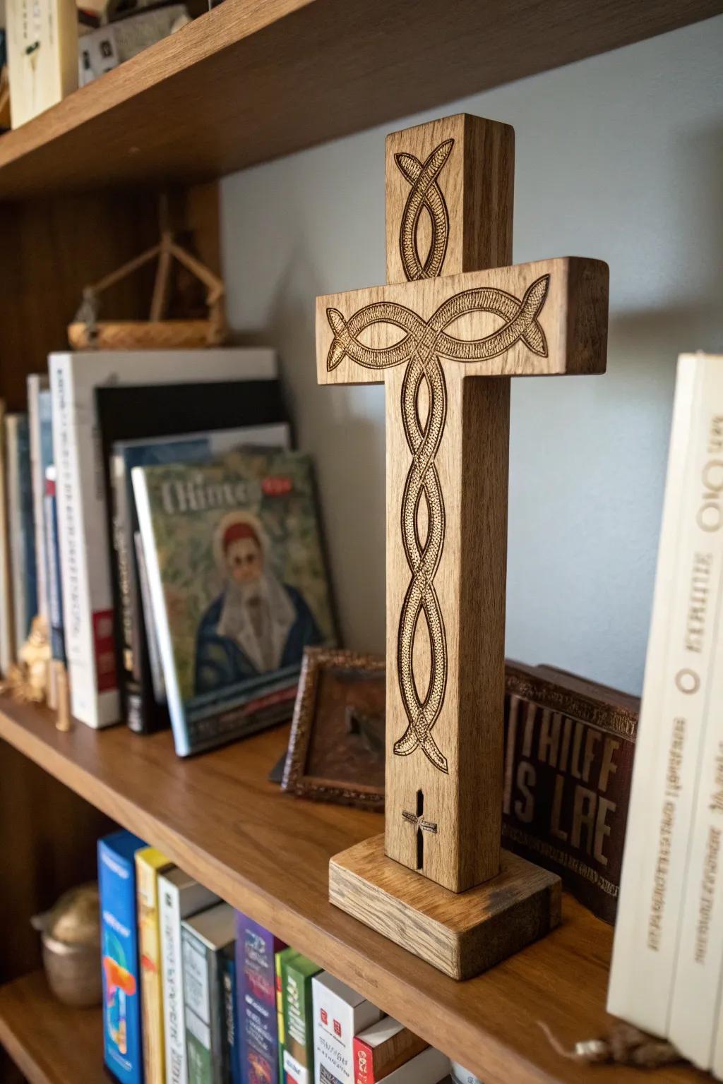 Cross featuring a Pisces symbol carving