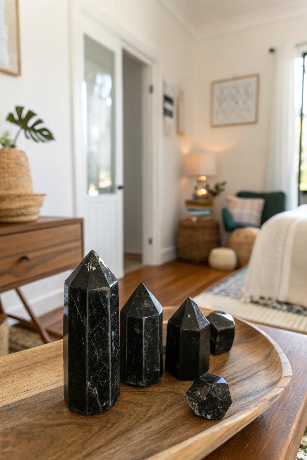 Chamber nooks embellished with black tourmaline for grounding vigor.