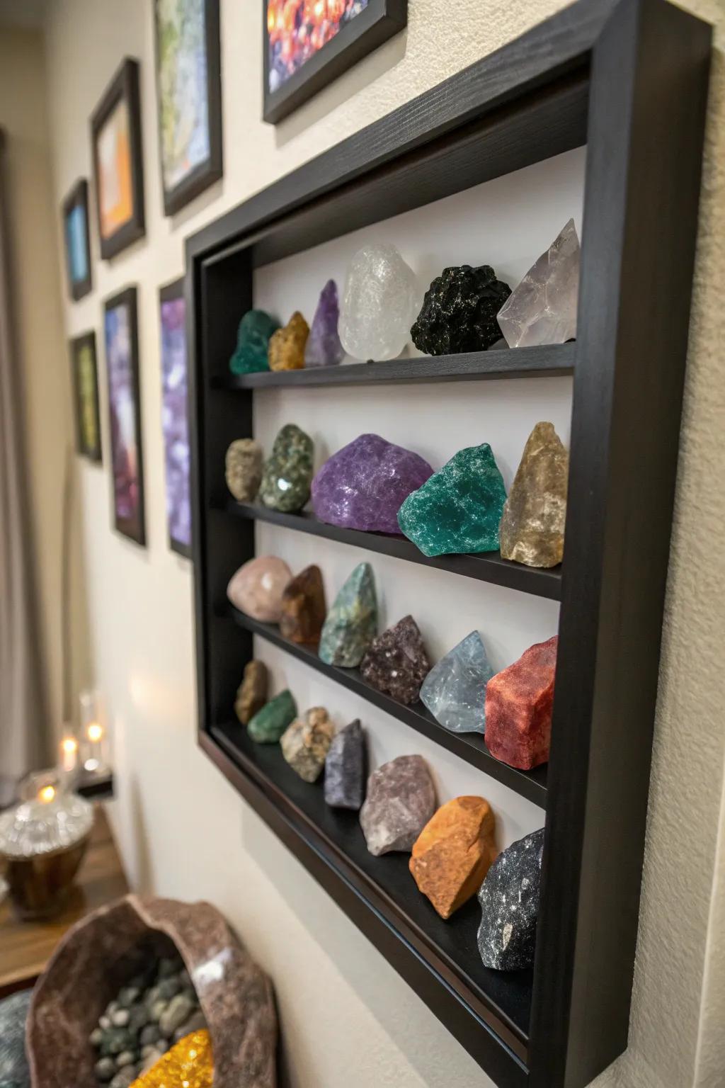 A shadow box featuring crystals as exceptional wall art.