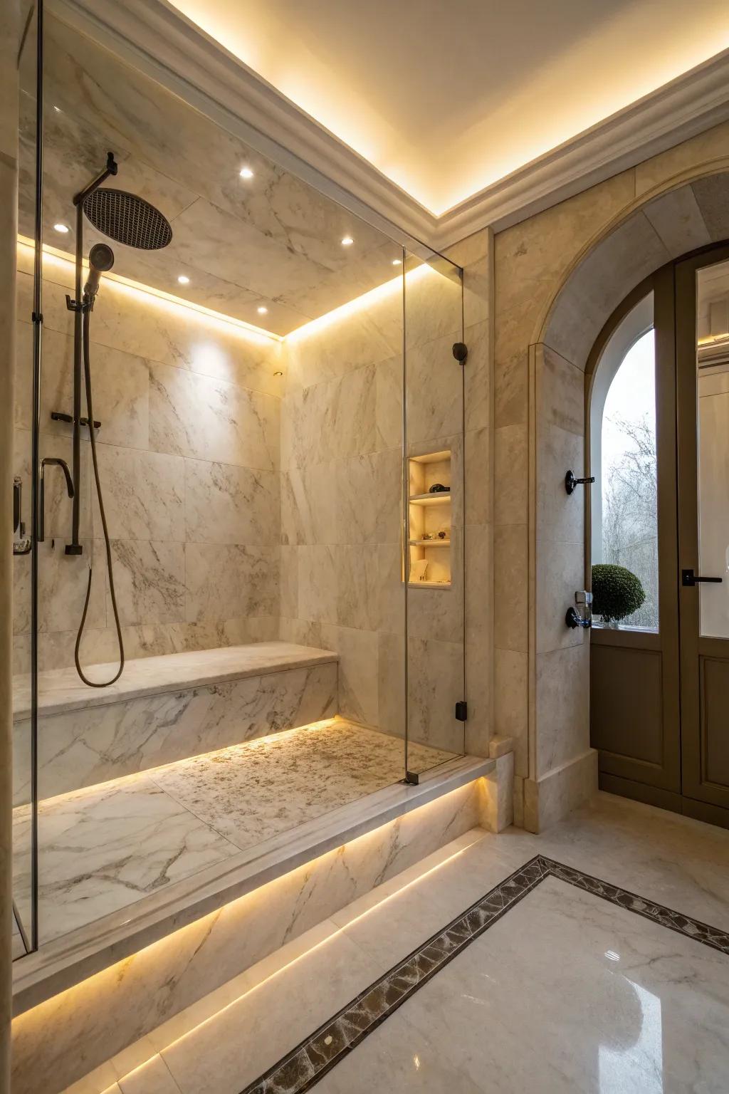 Concealed illumination contributes ambiance to mineral composite showers.