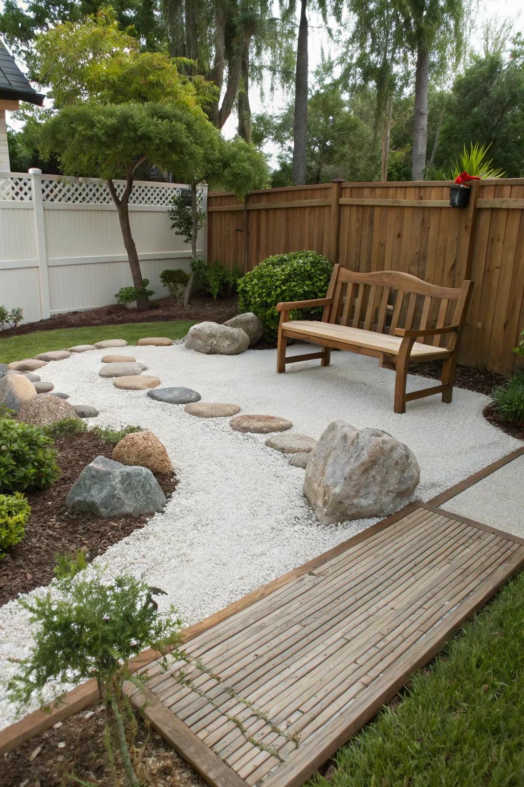 A Zen area extends a tranquil haven within the garden.
