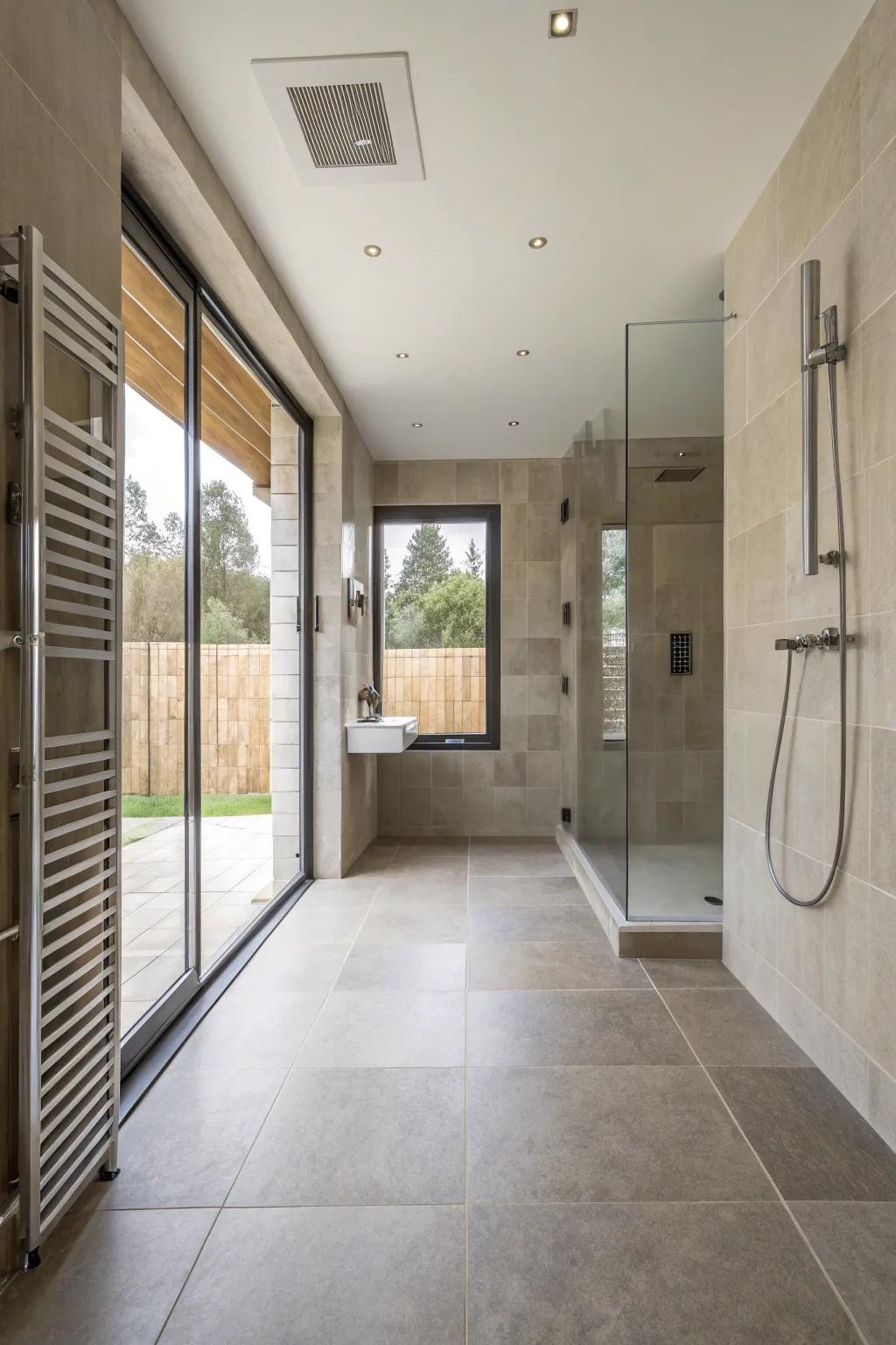 A wet room design integrates the shower seamlessly with the rest of the bathroom.