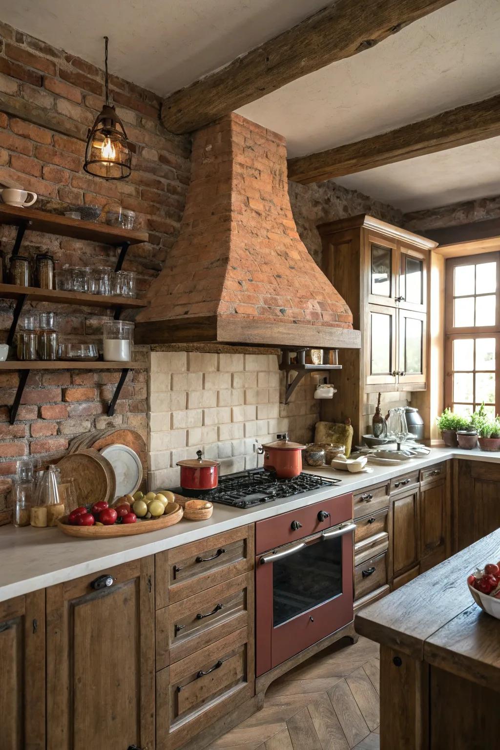 Stone block-clad range hoods impart vintage charm and warmth.