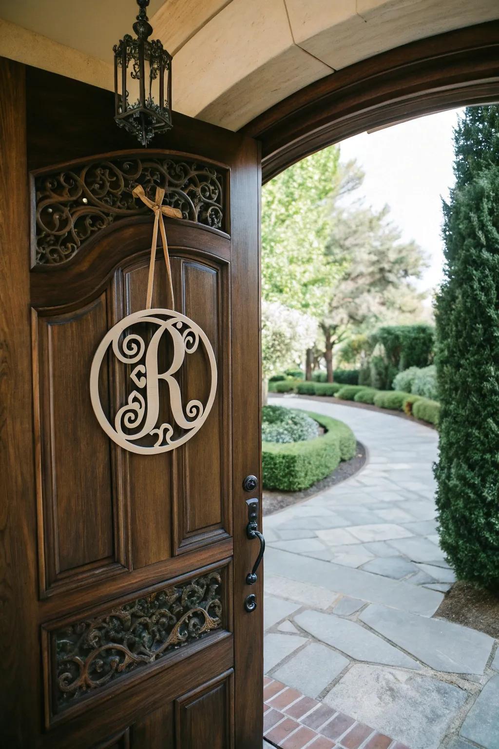An elegant letterform pattern door hanger that personalizes your entryway.