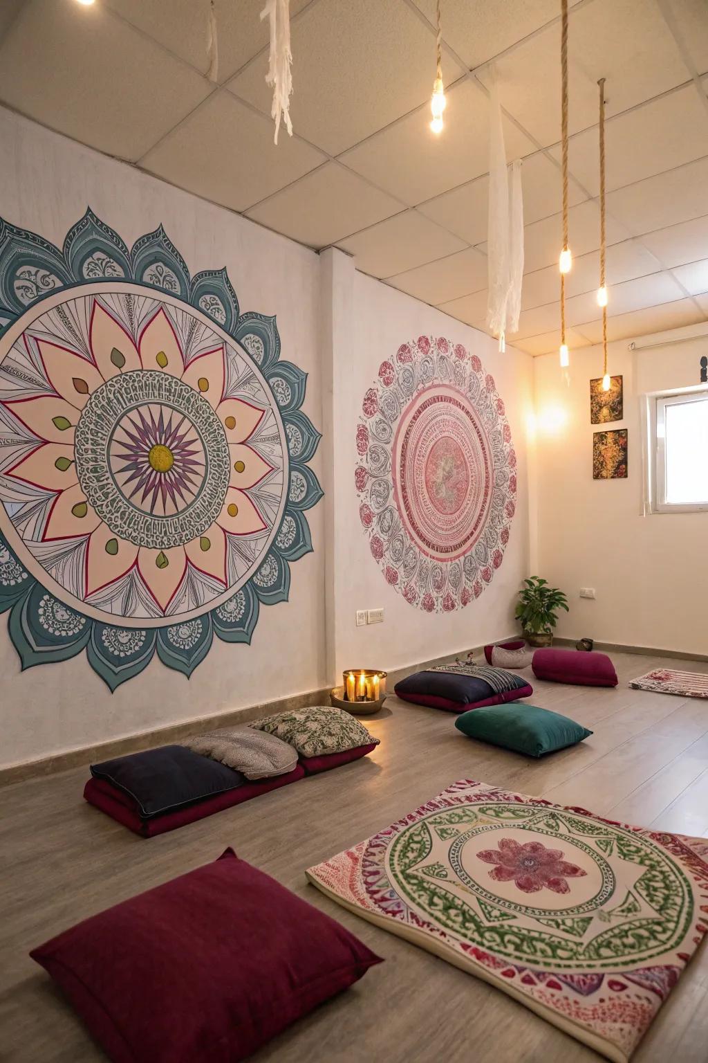 Esoteric mandalas add harmony and serenity to the meditation room.