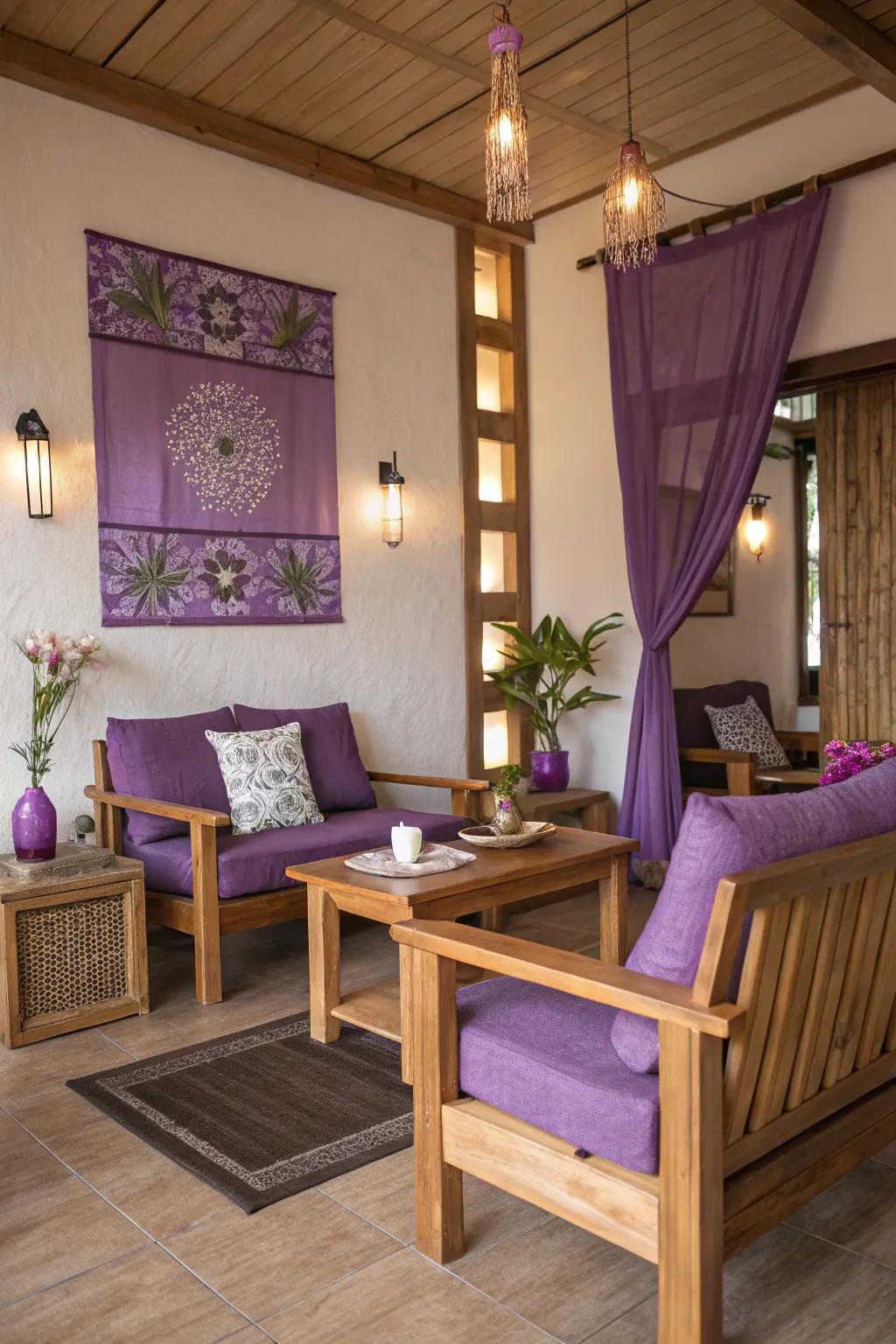 Purple decor paired with natural wood tones for harmony.