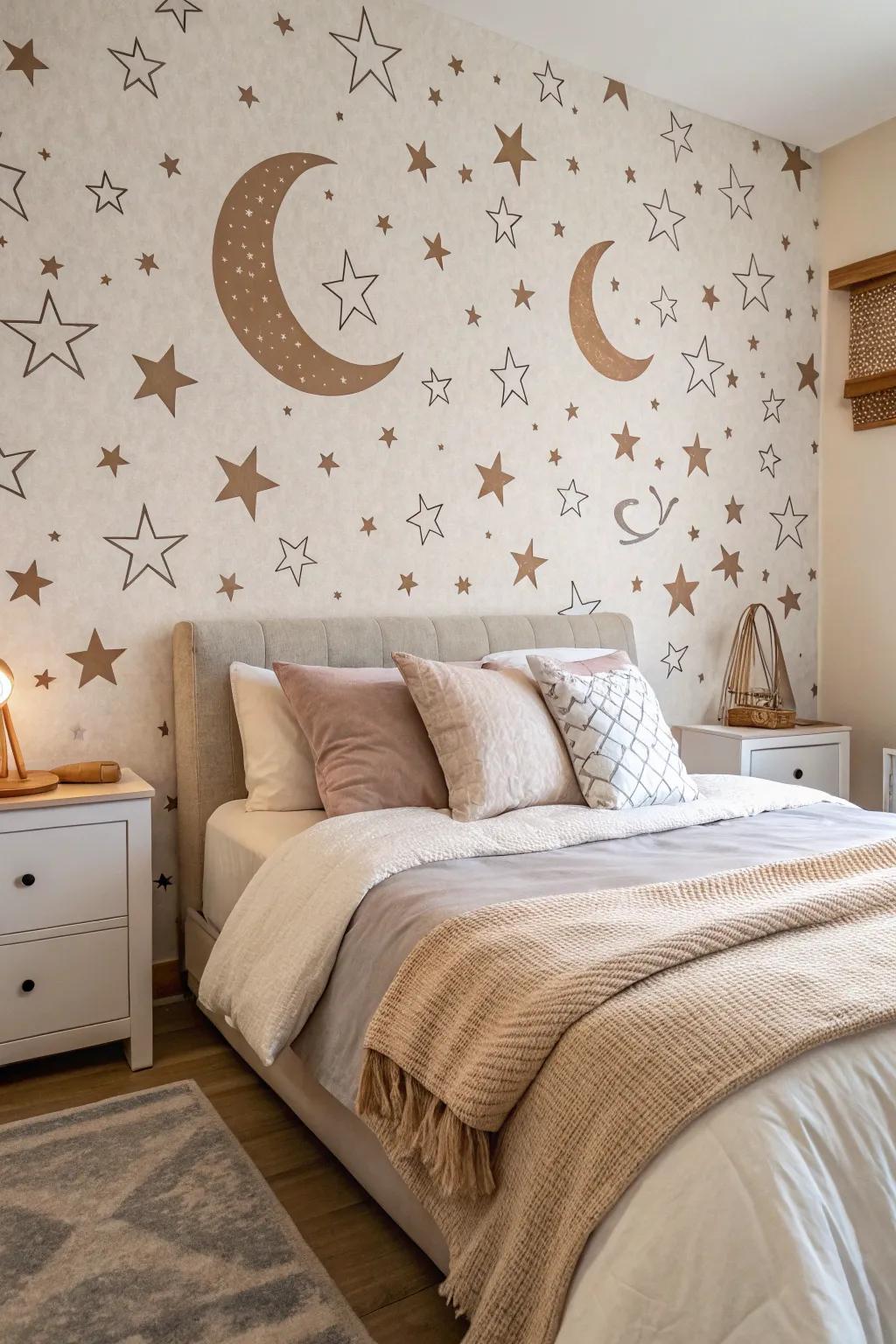 A bedroom featuring moon and star motif wall covering, creating a magical nighttime retreat.