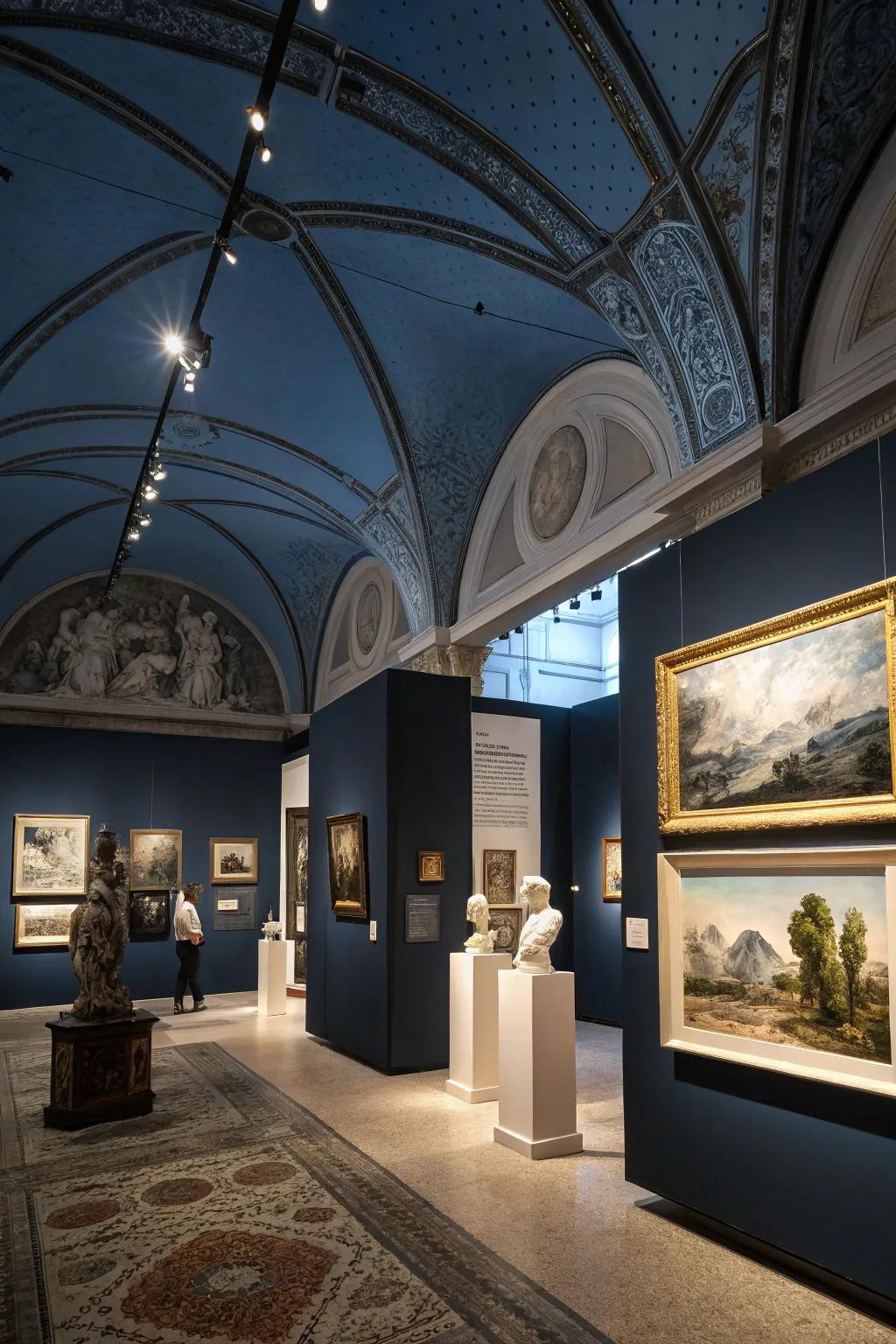 An artistic nook showcasing a striking deeply shaded cerulean overhead.