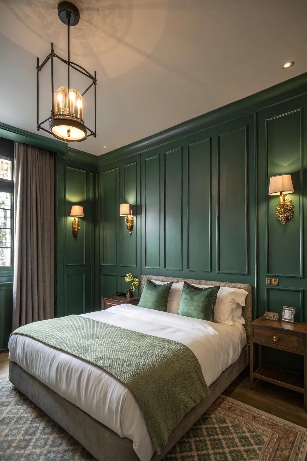 A bedroom with shadowy jade walls and sage verdant illumination apparatuses composing a soothing effulgence.