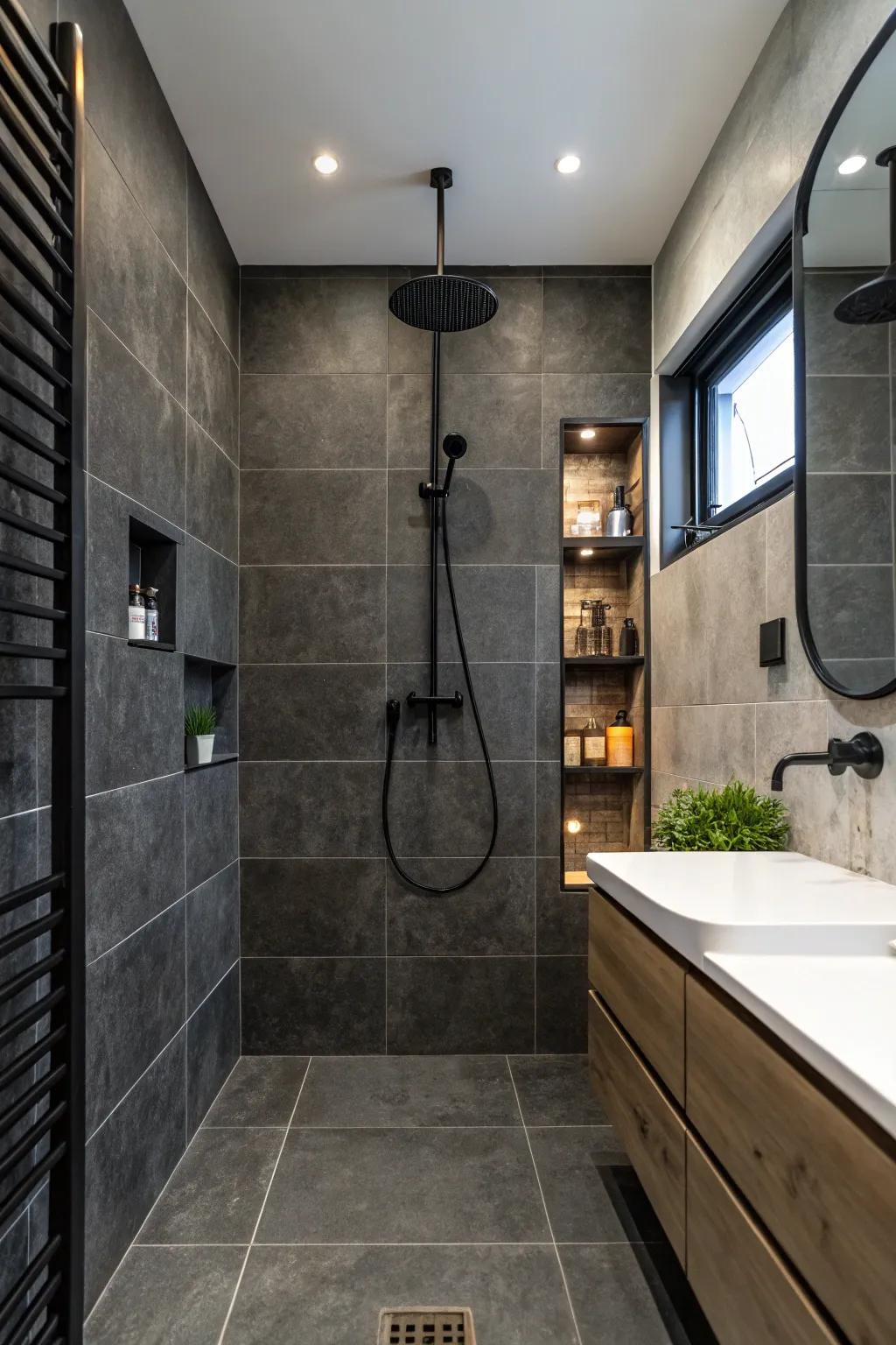 Black accents improve the dramatic appeal of dark charcoal tiling.