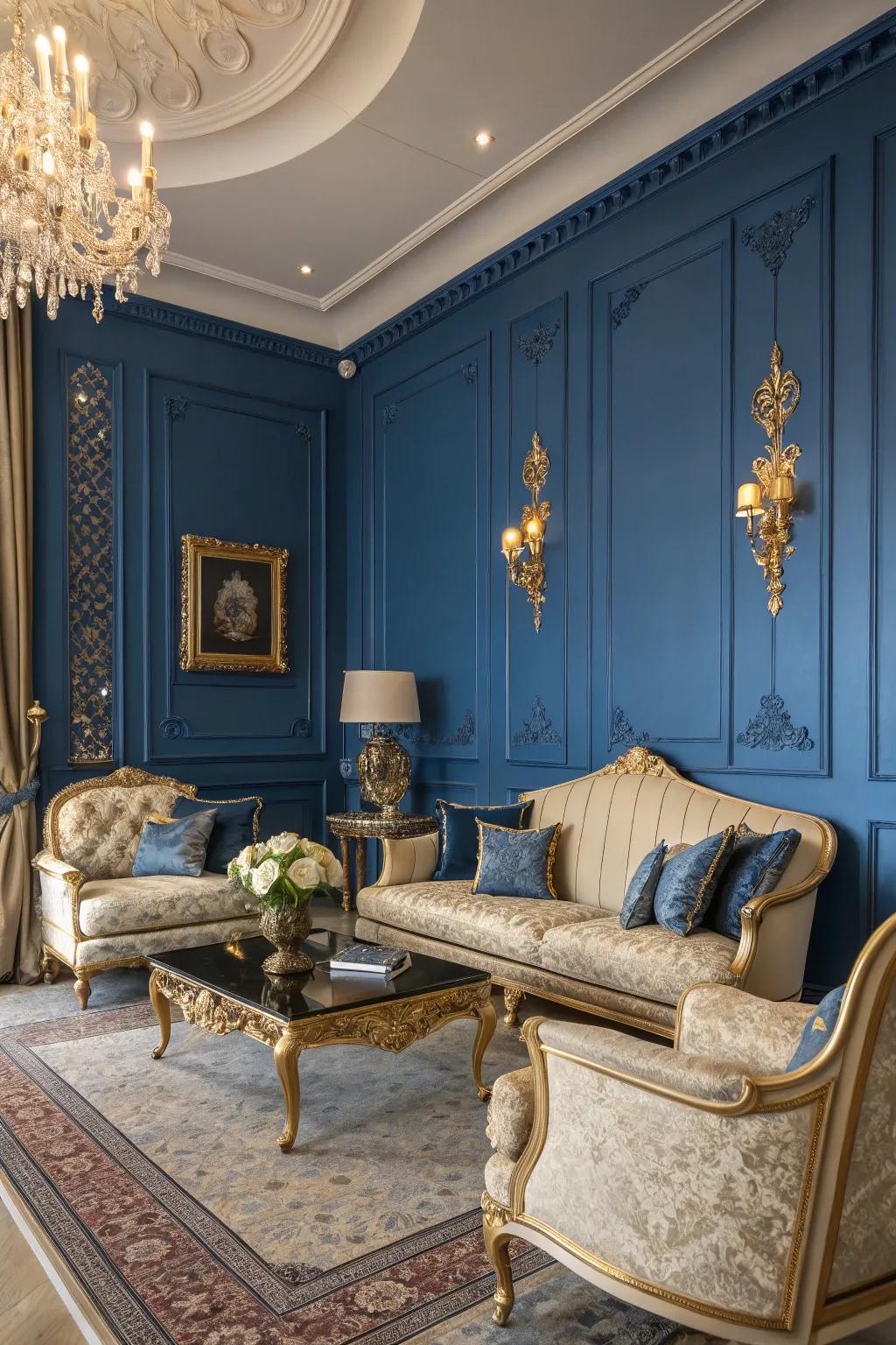 A luxurious lapis indigo living space featuring rich, elegant decor.