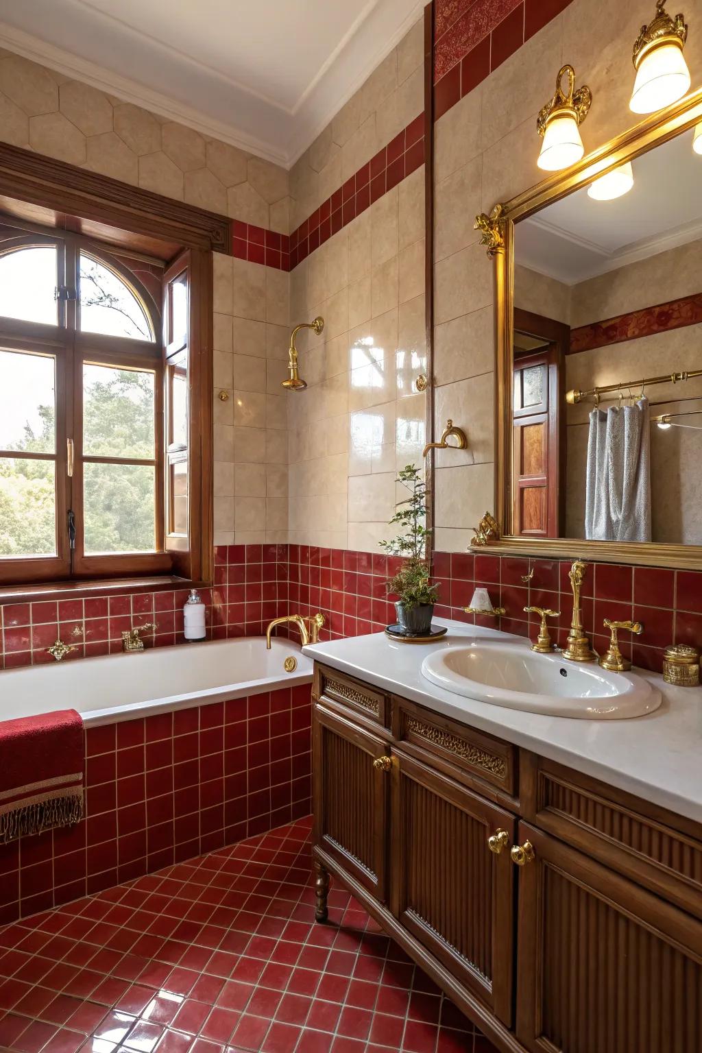 Crimson and brass fabricate a sophisticated and harmonious restroom.