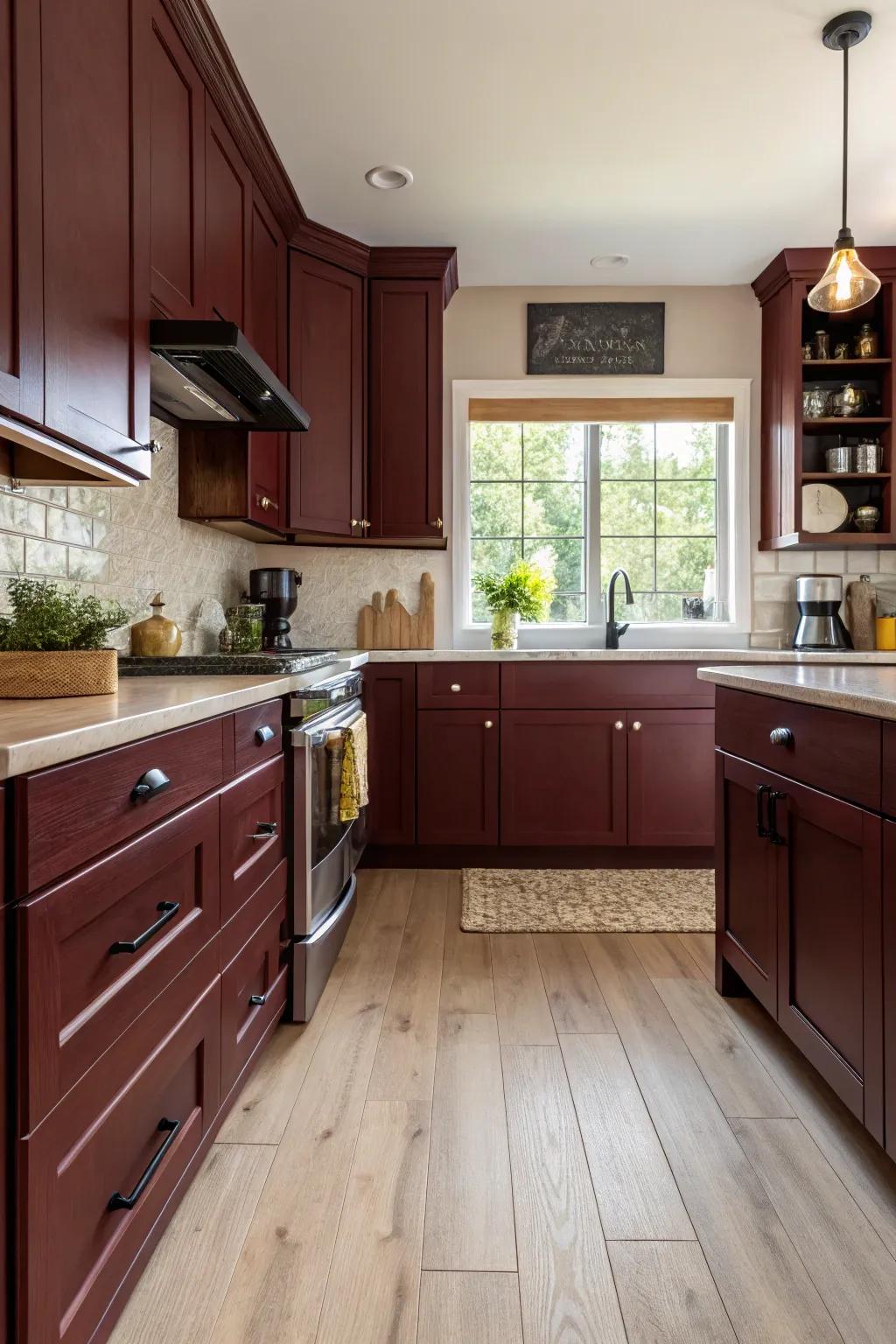 Bright kitchen featuring light ground covering and dark red cabinets.