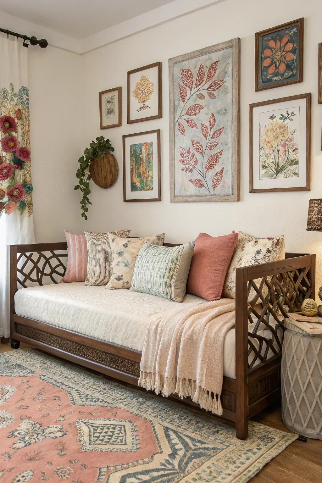 Art and ornamentation individualize the area encircling a daybed.