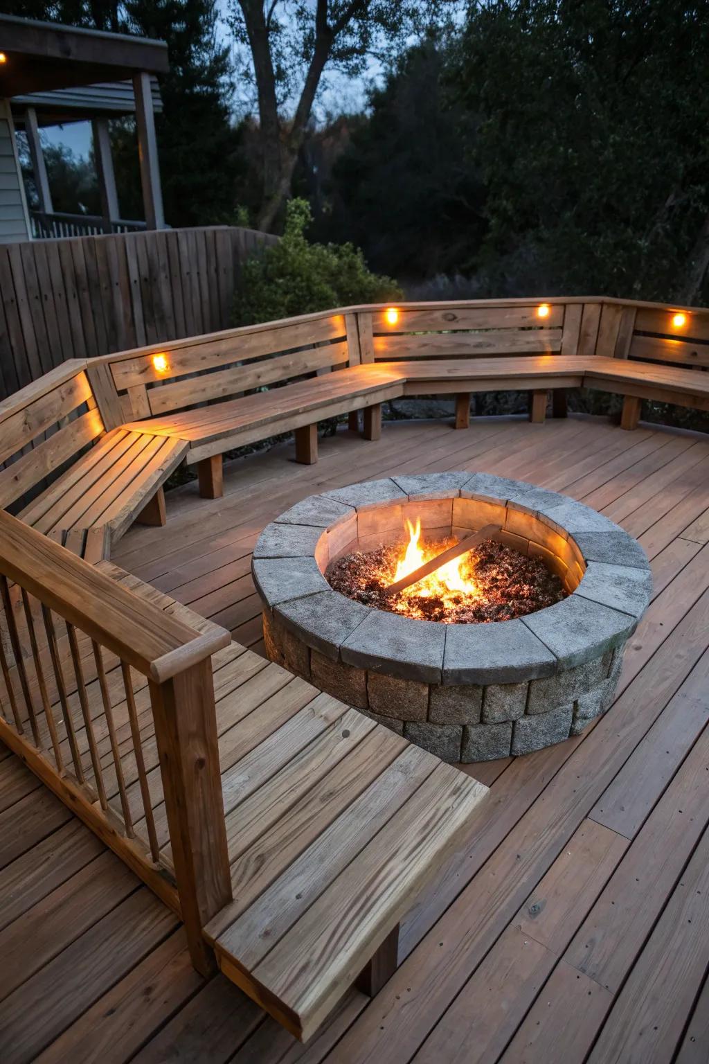 Built-in benches encircling a hearth craft a cozy and efficient seating arrangement.