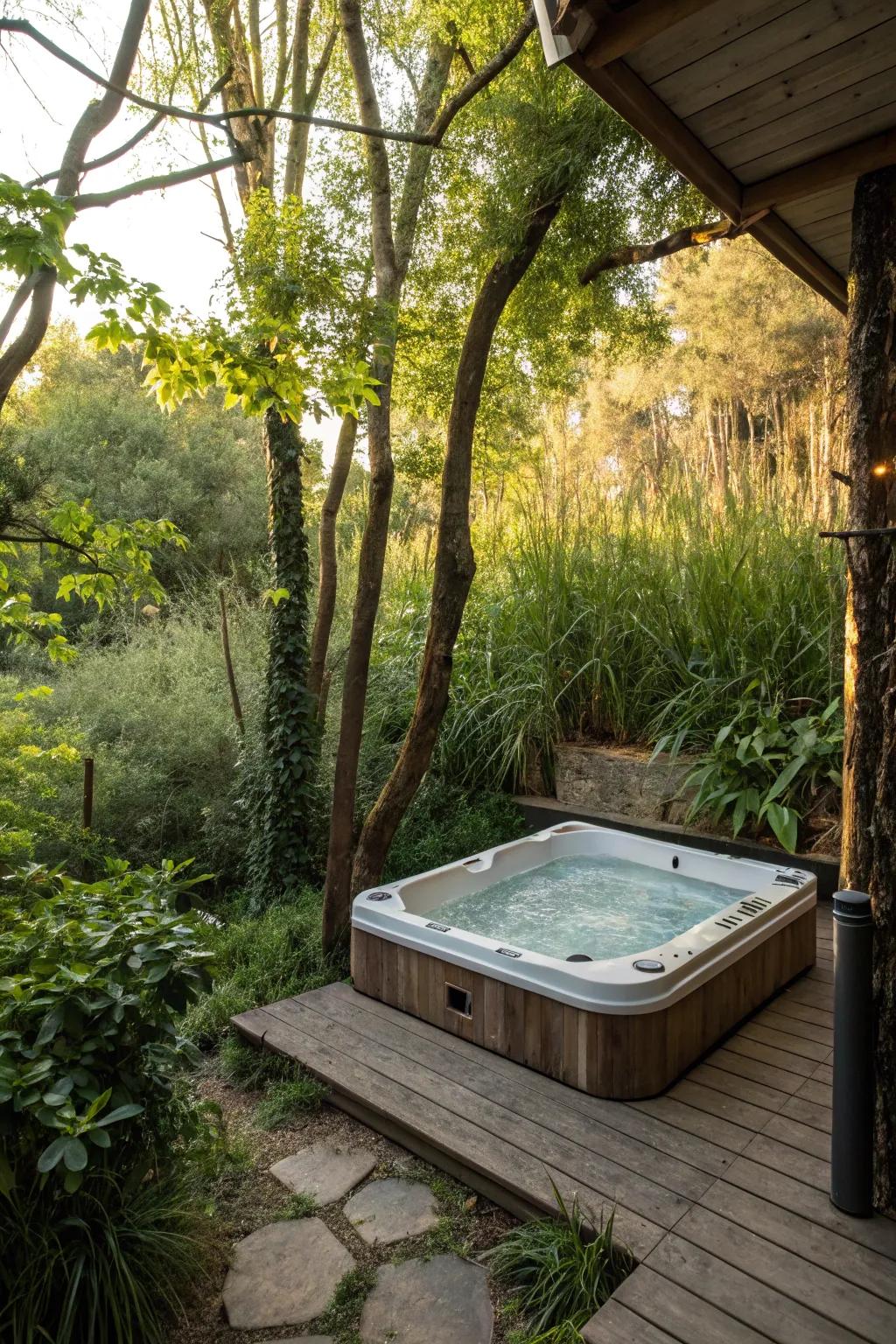 An earthly corner provides an intimate and serene hot tub retreat.