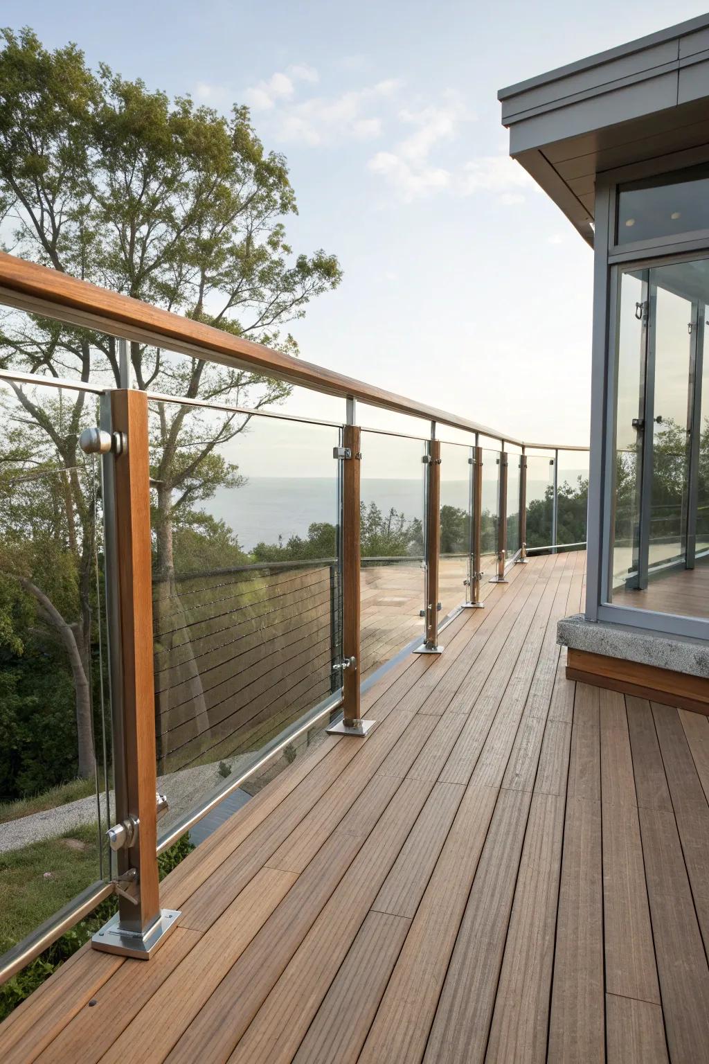 A unique deck featuring balustrades crafted from a mix of materials, creating visual intrigue.