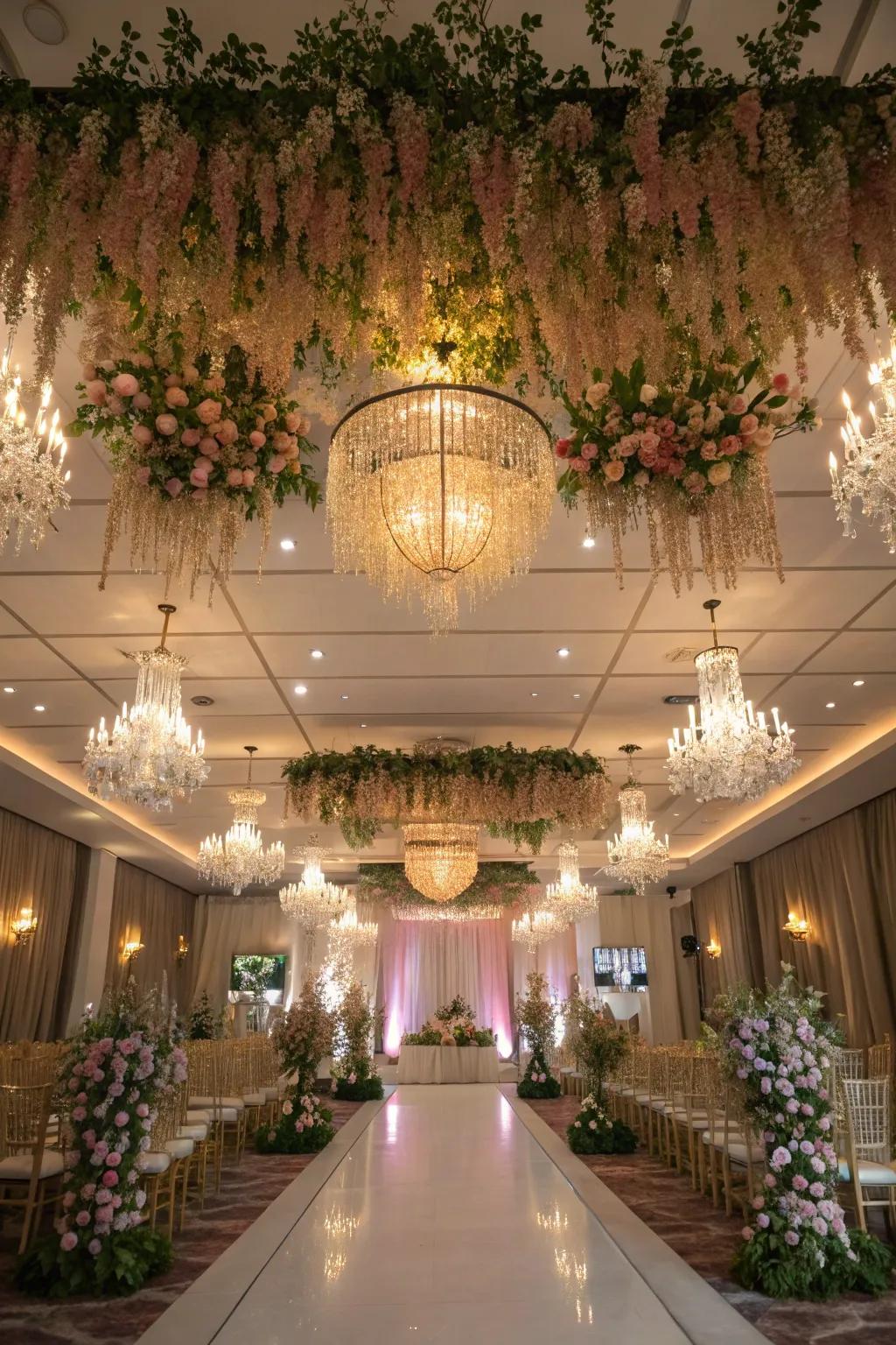 Stunning overhead ornamentation introducing a wow factor to a wedding venue.