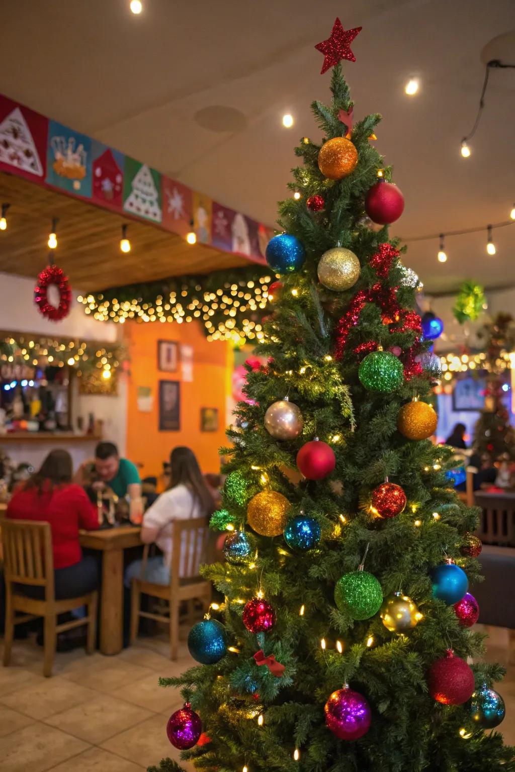 A celebratory fiesta Christmas tree showcasing vibrant shades and jovial embellishments.