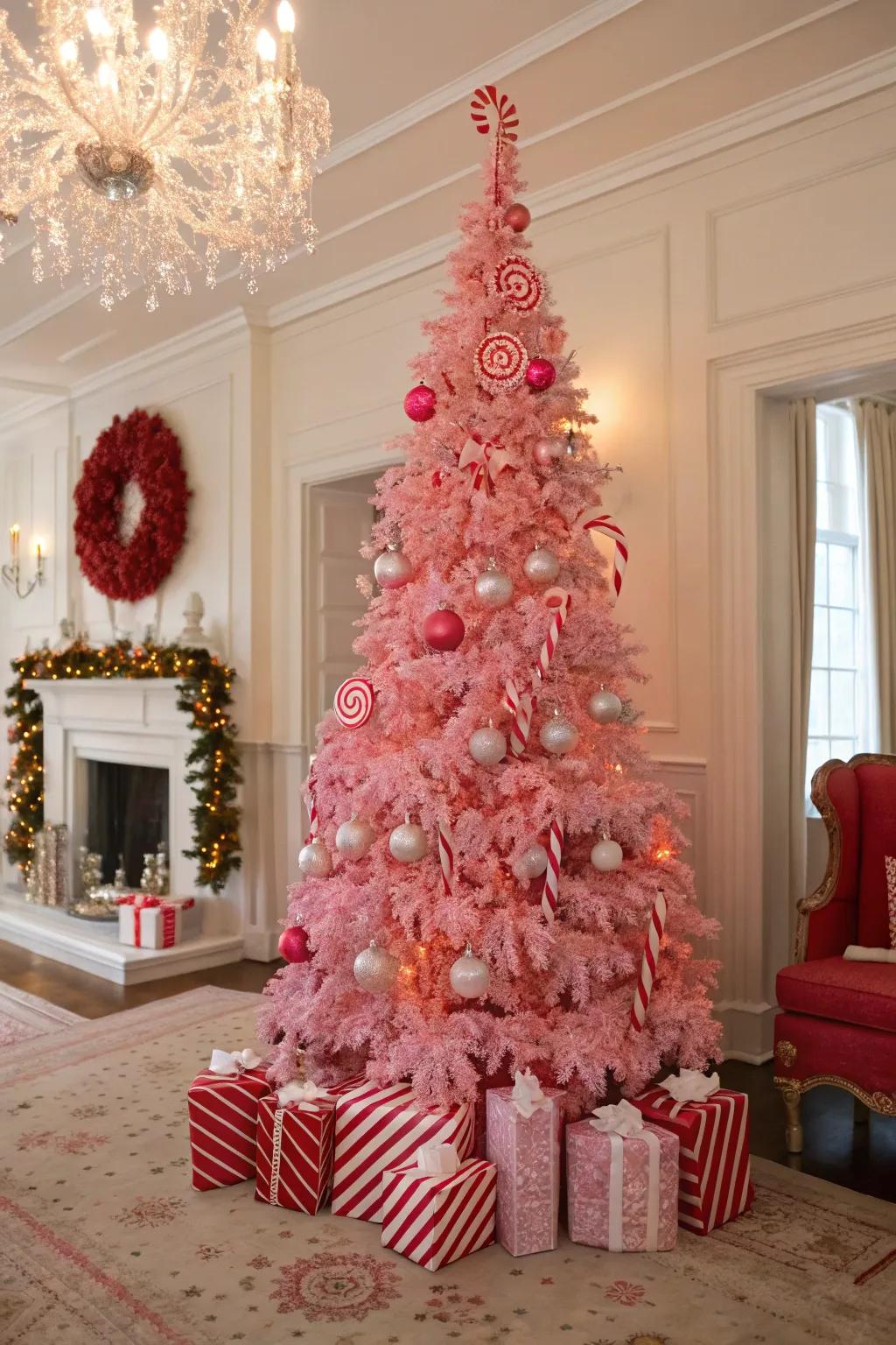 A festive tree with candy staff accents against rose.