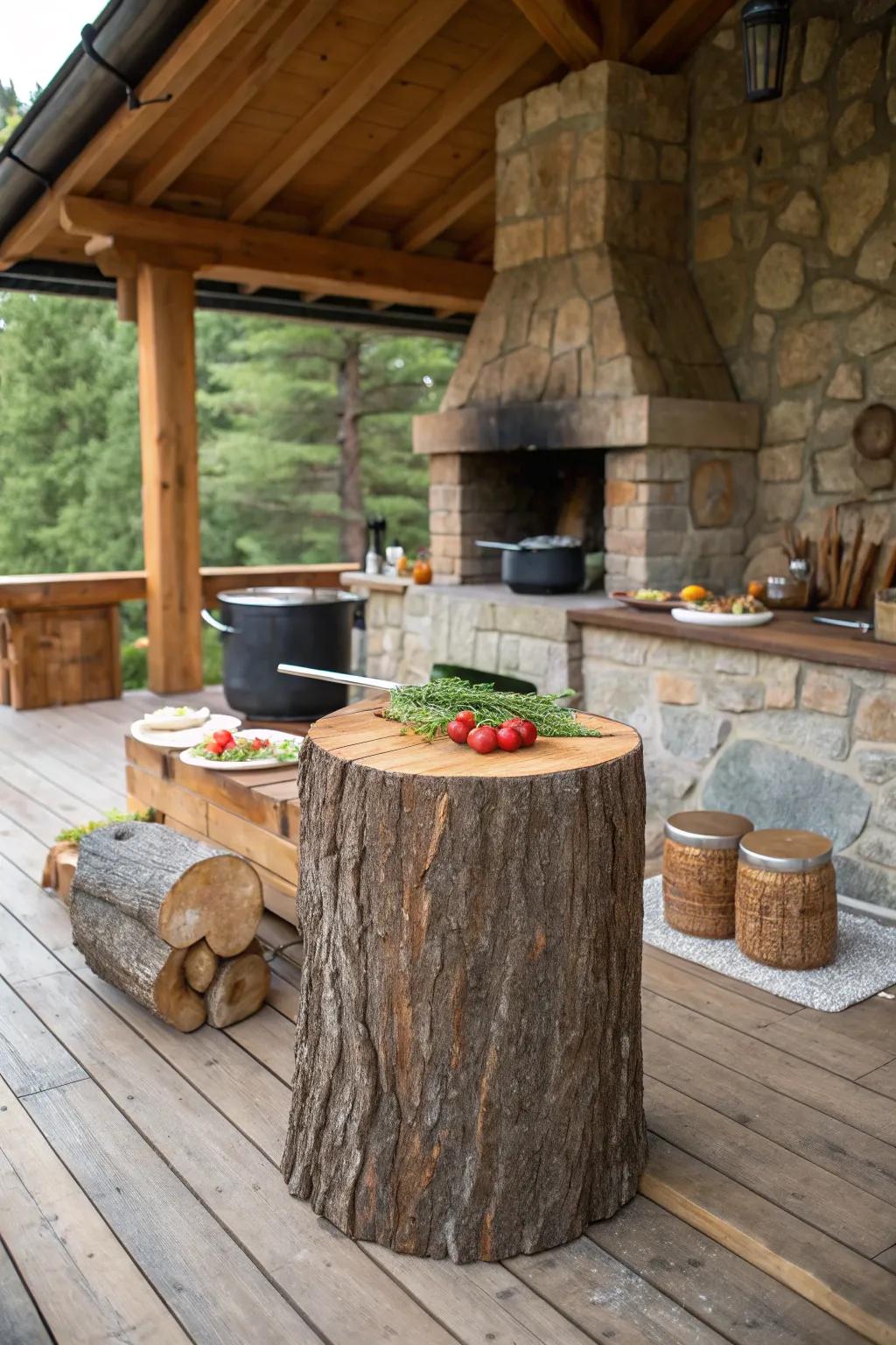 Add rustic utility with a tree stump chopping block.