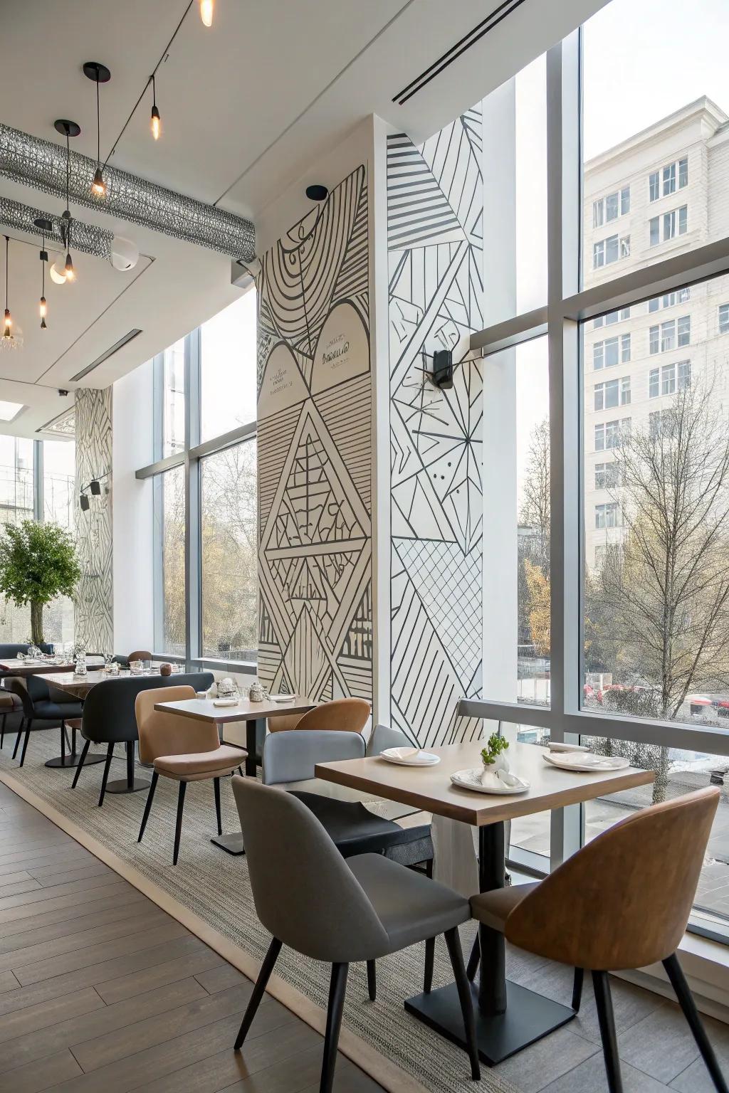 A modern dining space showcasing geometric sketches.